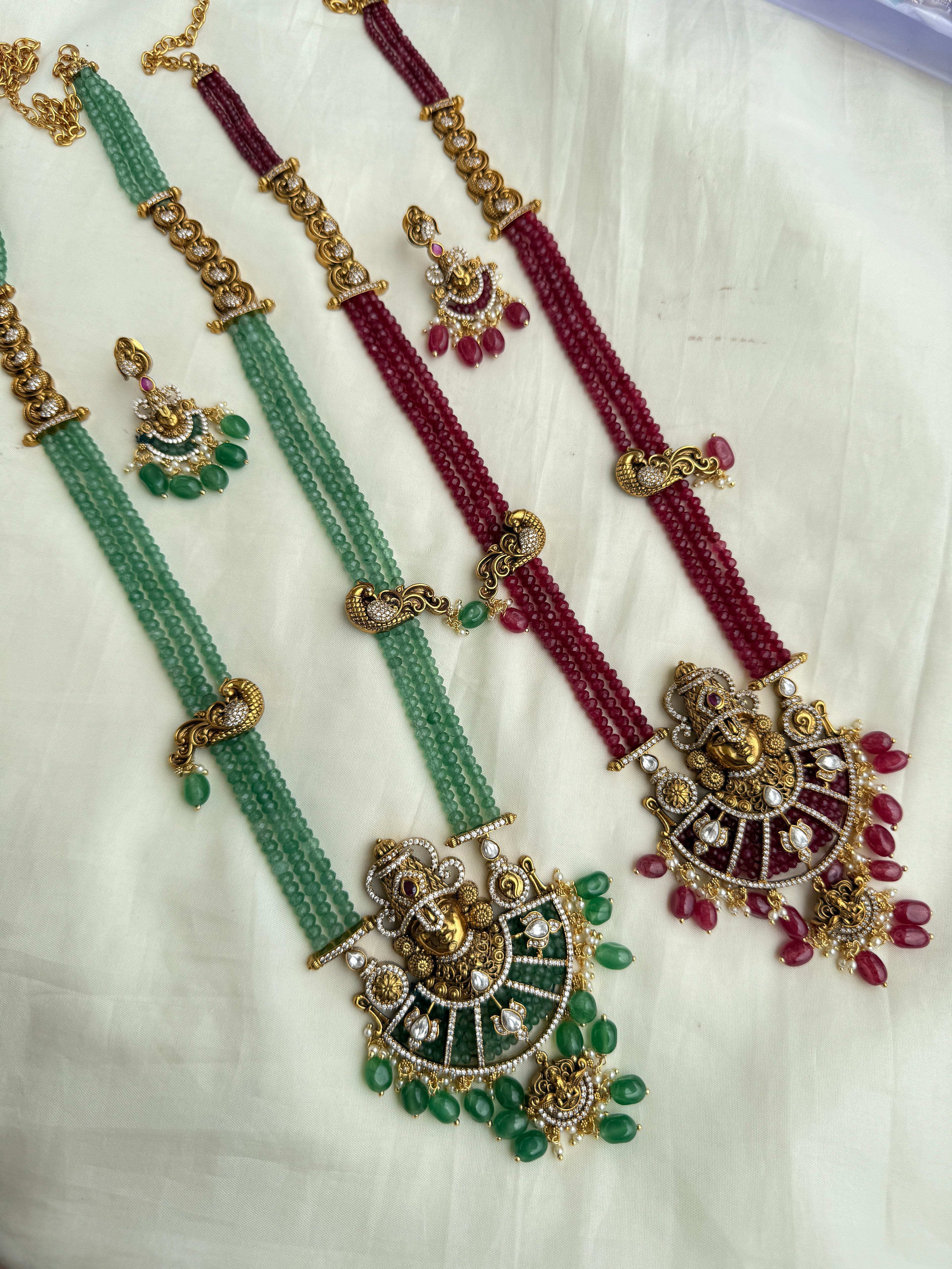 Lh2022 3 lines long beads with lord Venkateswara Swamy pendant and earrings