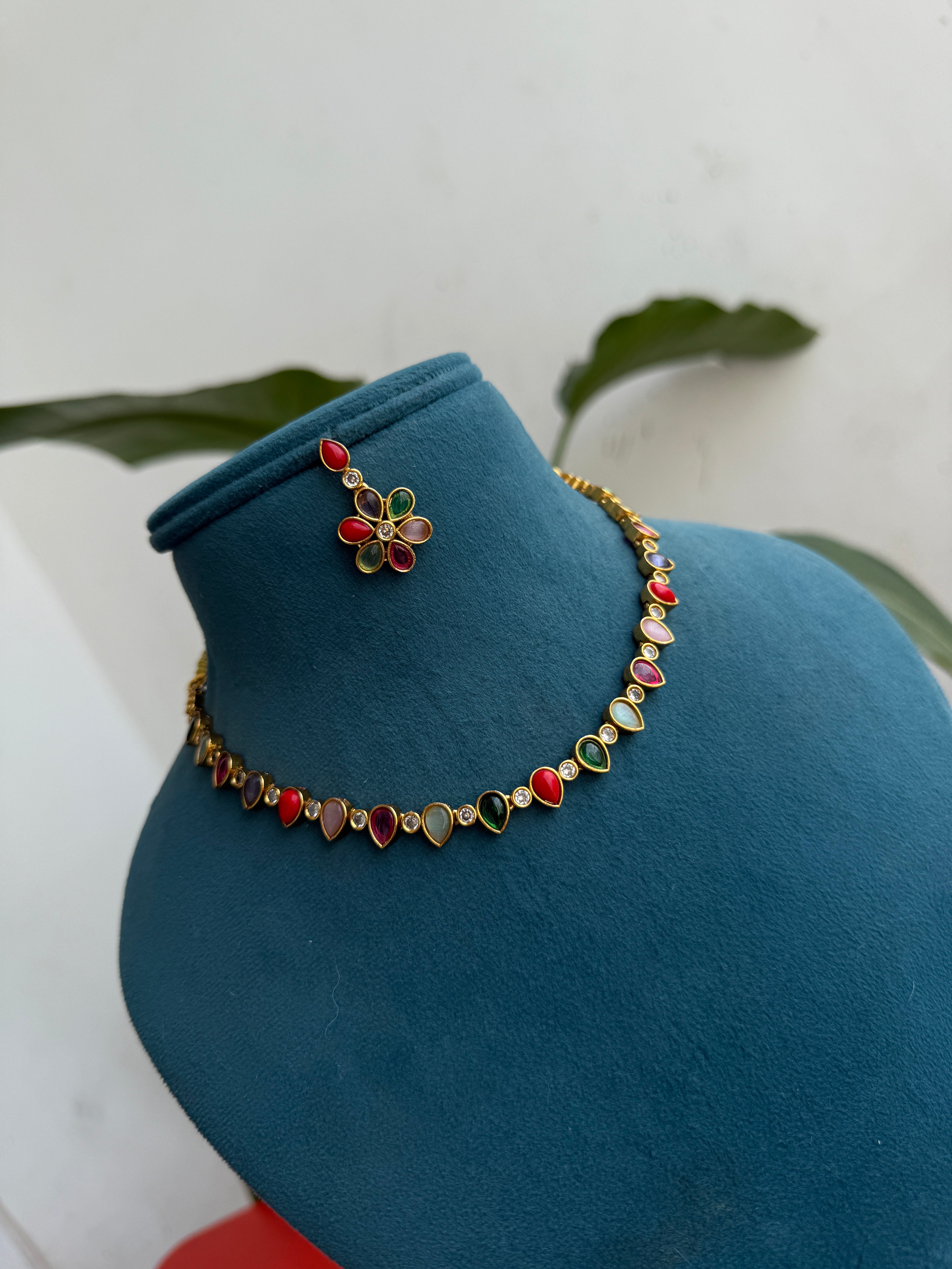 NS381 multi navaratan choker style neckset with earrings