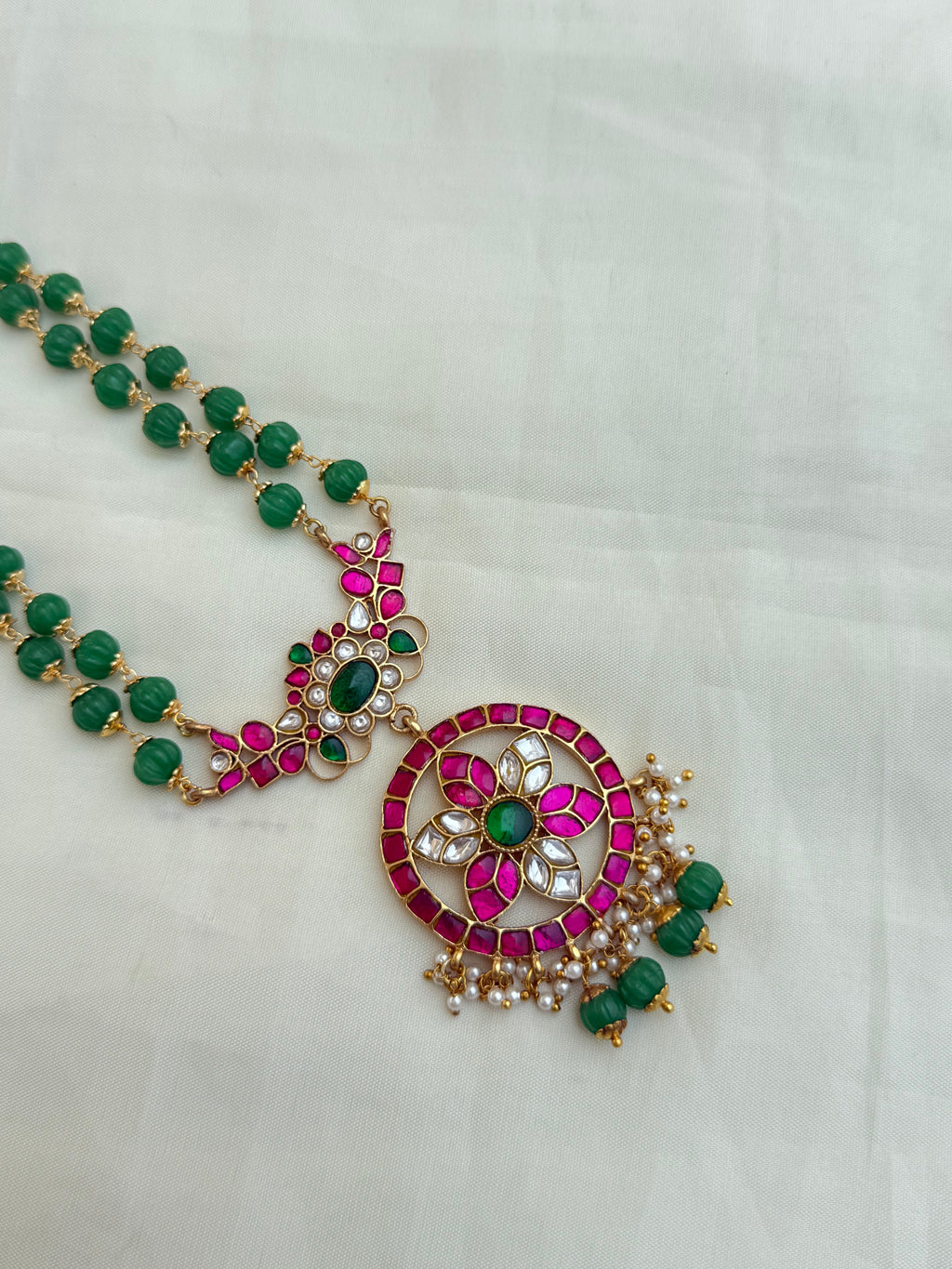 Jk008 2 lines pumpkin beads with jadau Kundan pendant