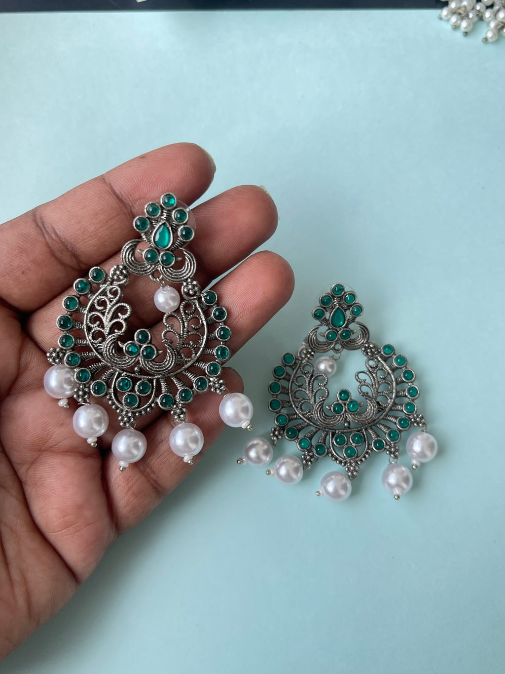 Green Oxidised chandbali earrings
