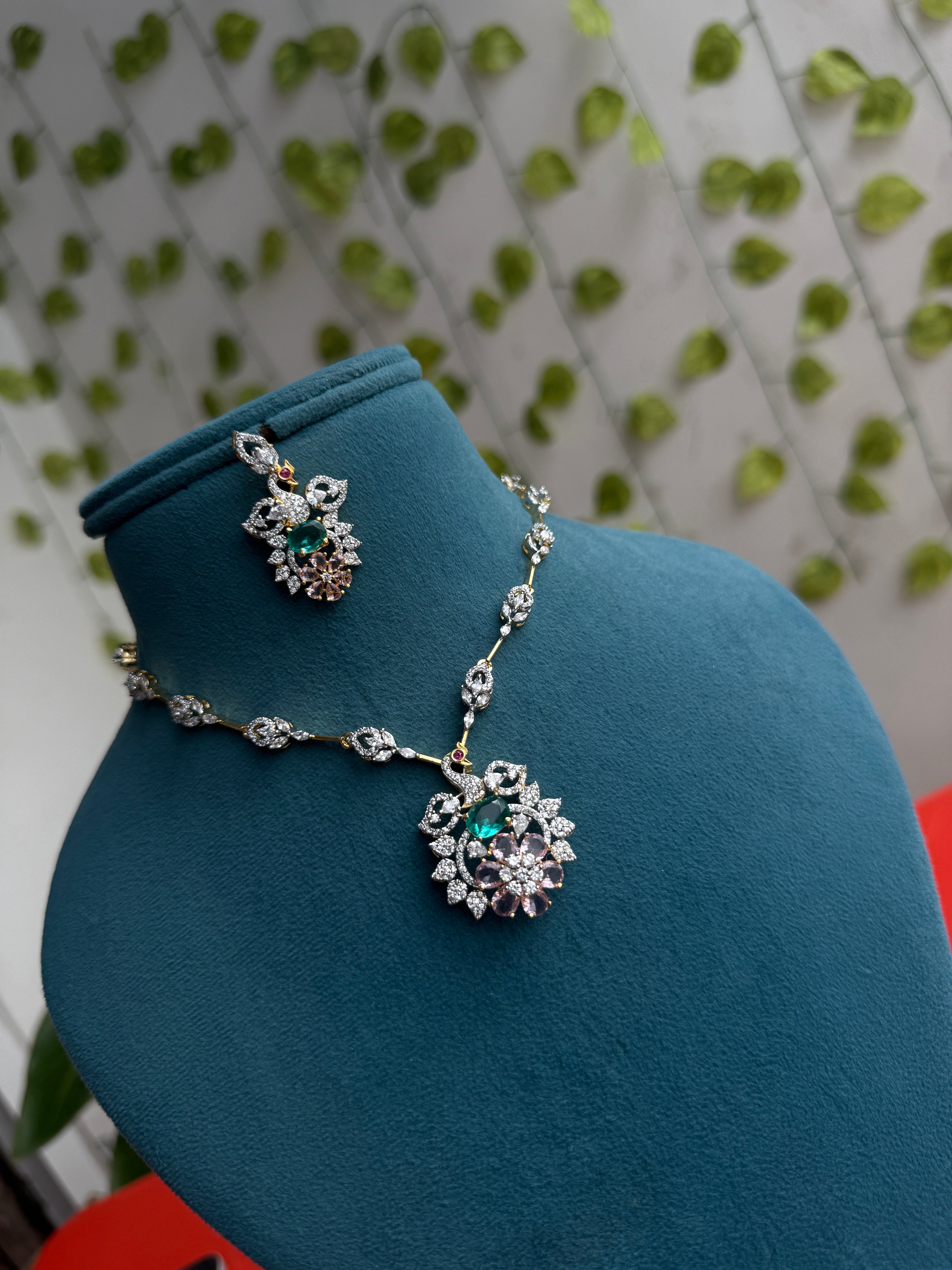 Emerald Bloom neckset flower design pendant with earrings ns259