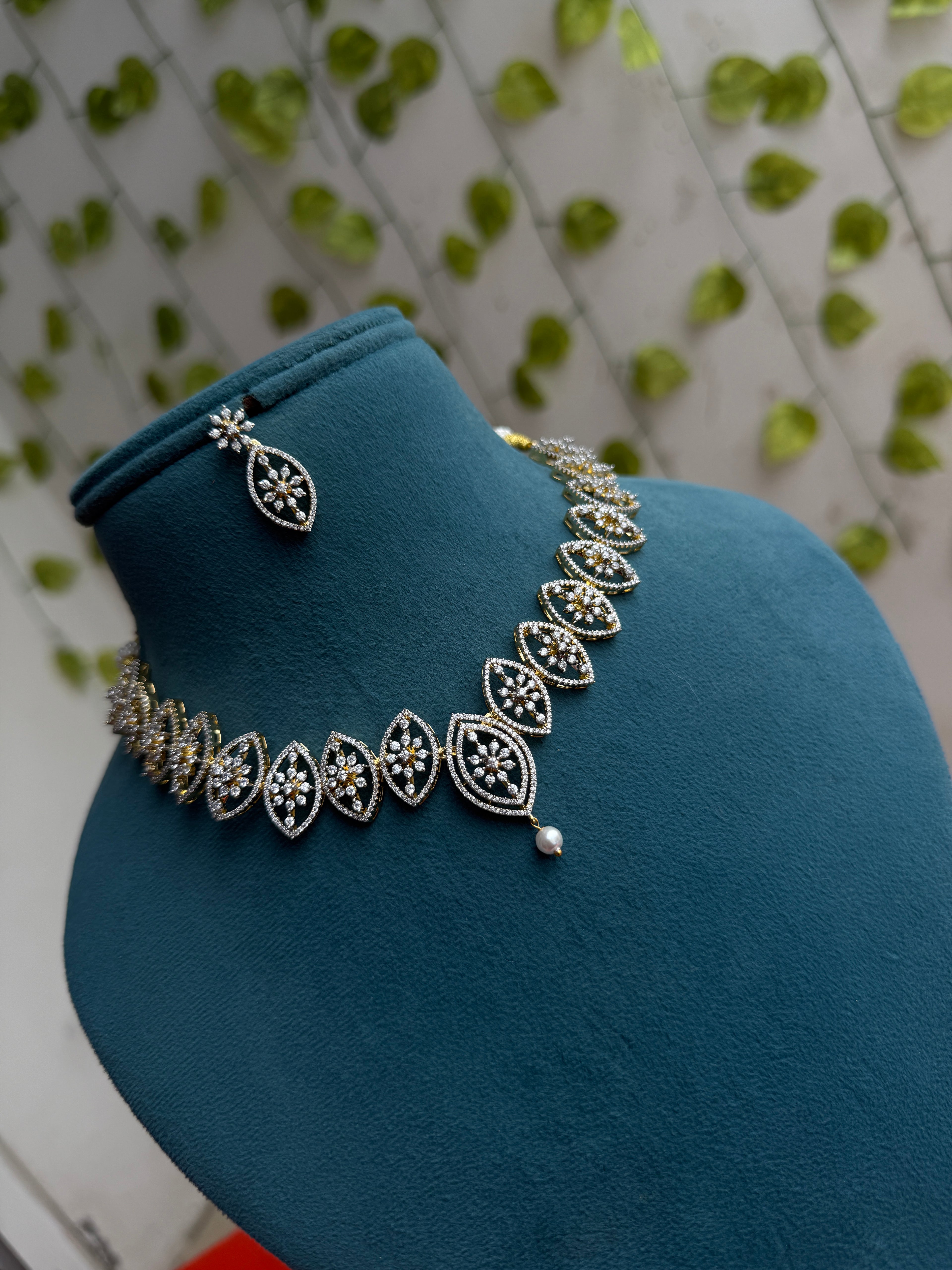 Floral Pearl Drop diamond finish Neckset with earrings ns303