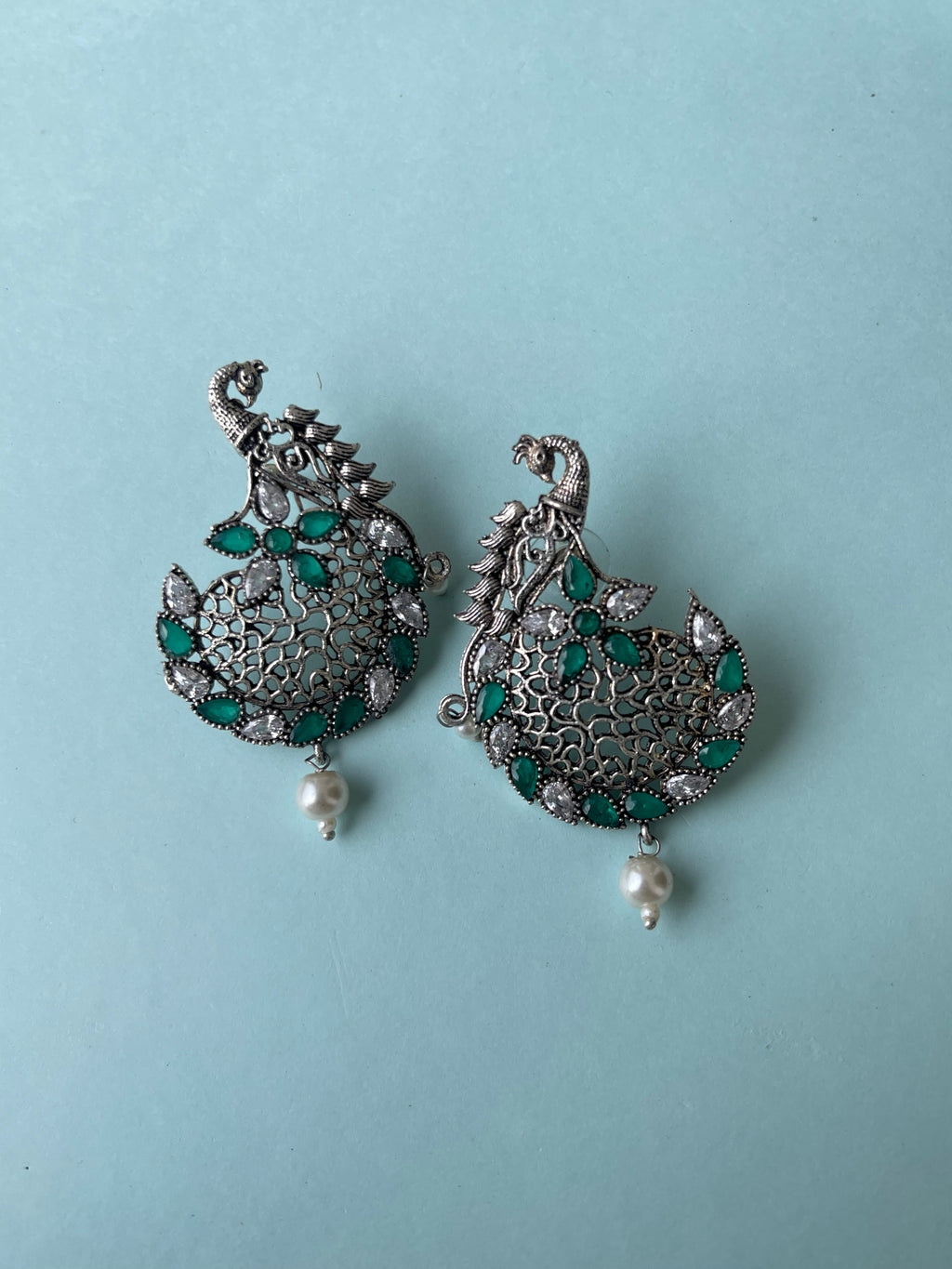 Green white stone peacock Oxidised earrings