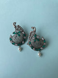 OX206 Green white stone peacock Oxidised earrings
