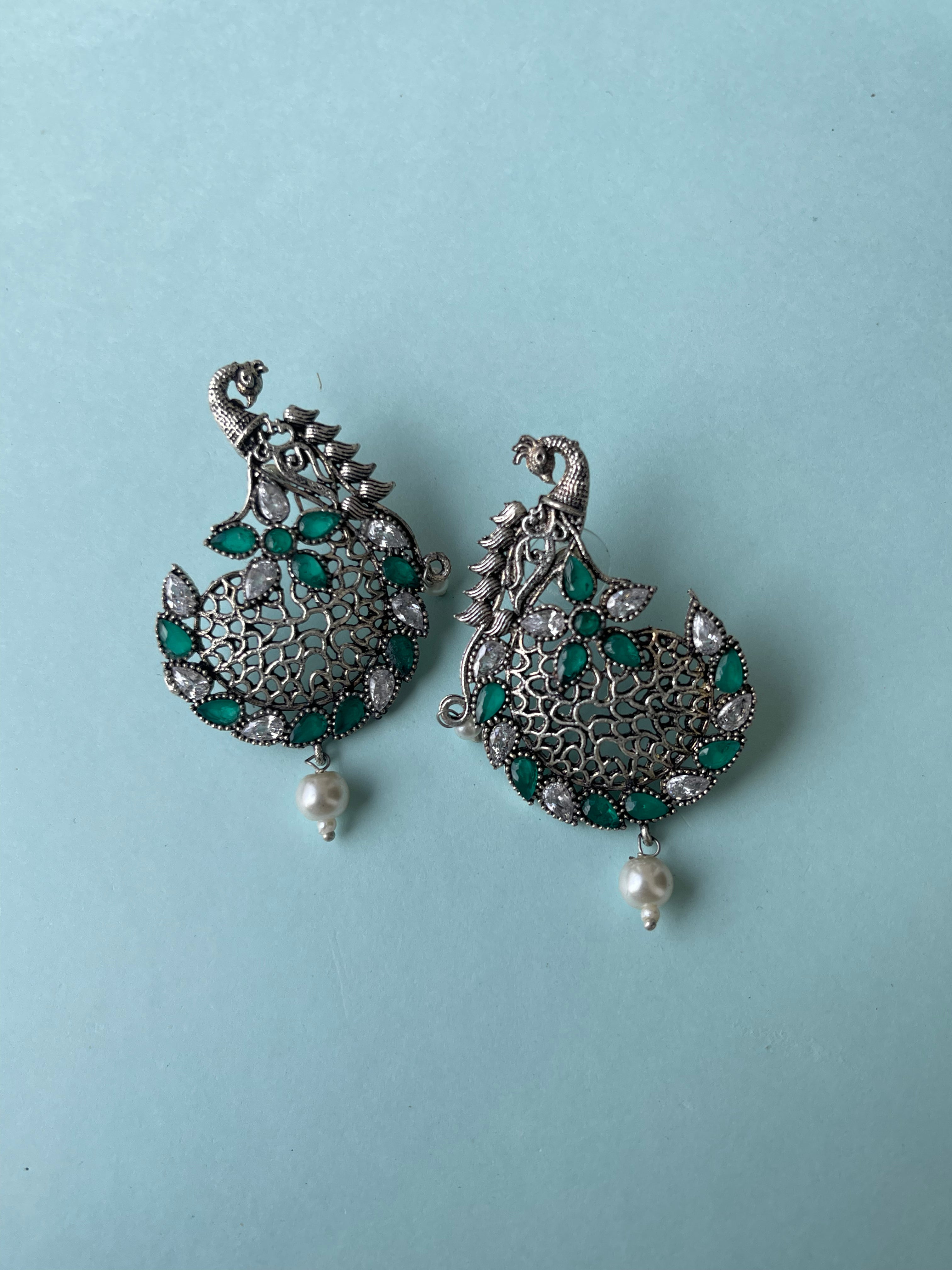 Green white stone peacock Oxidised earrings