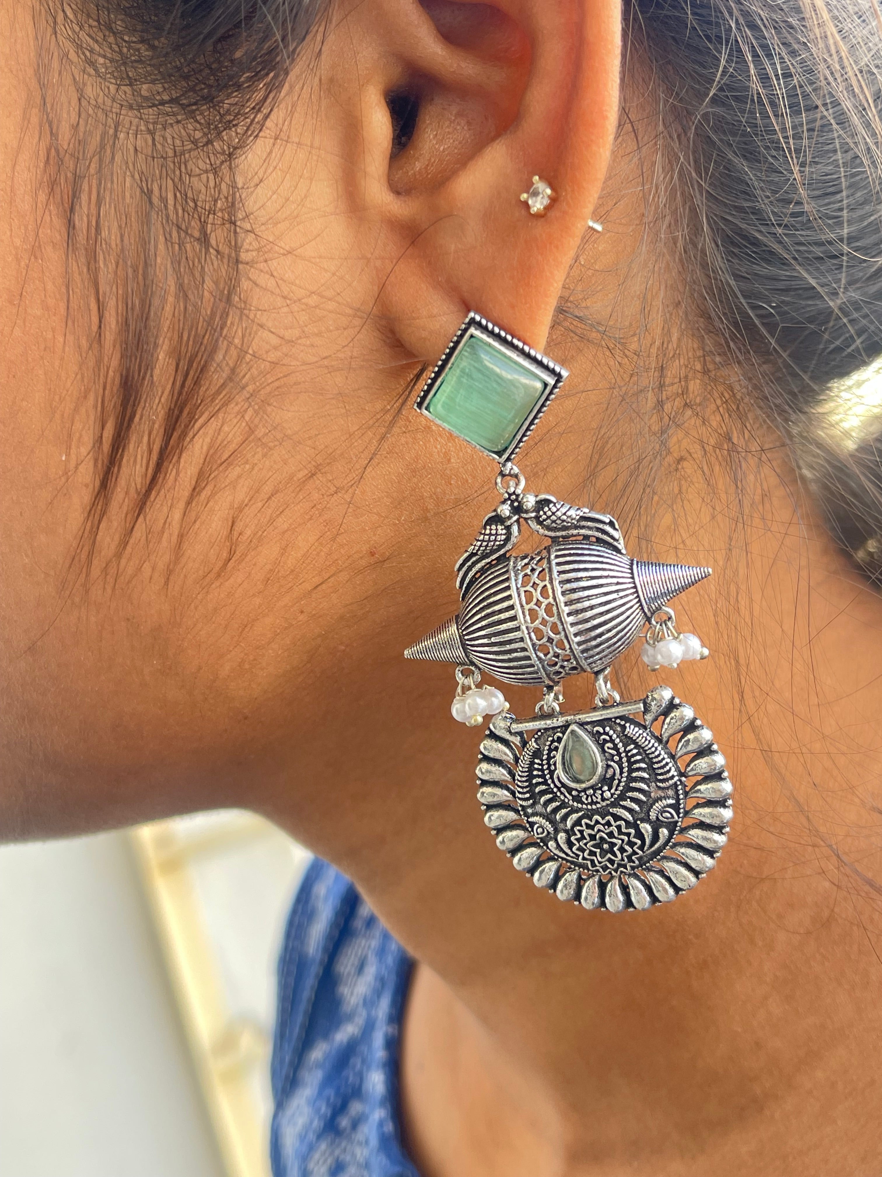 Square birds hanging lightweight oxidised earrings