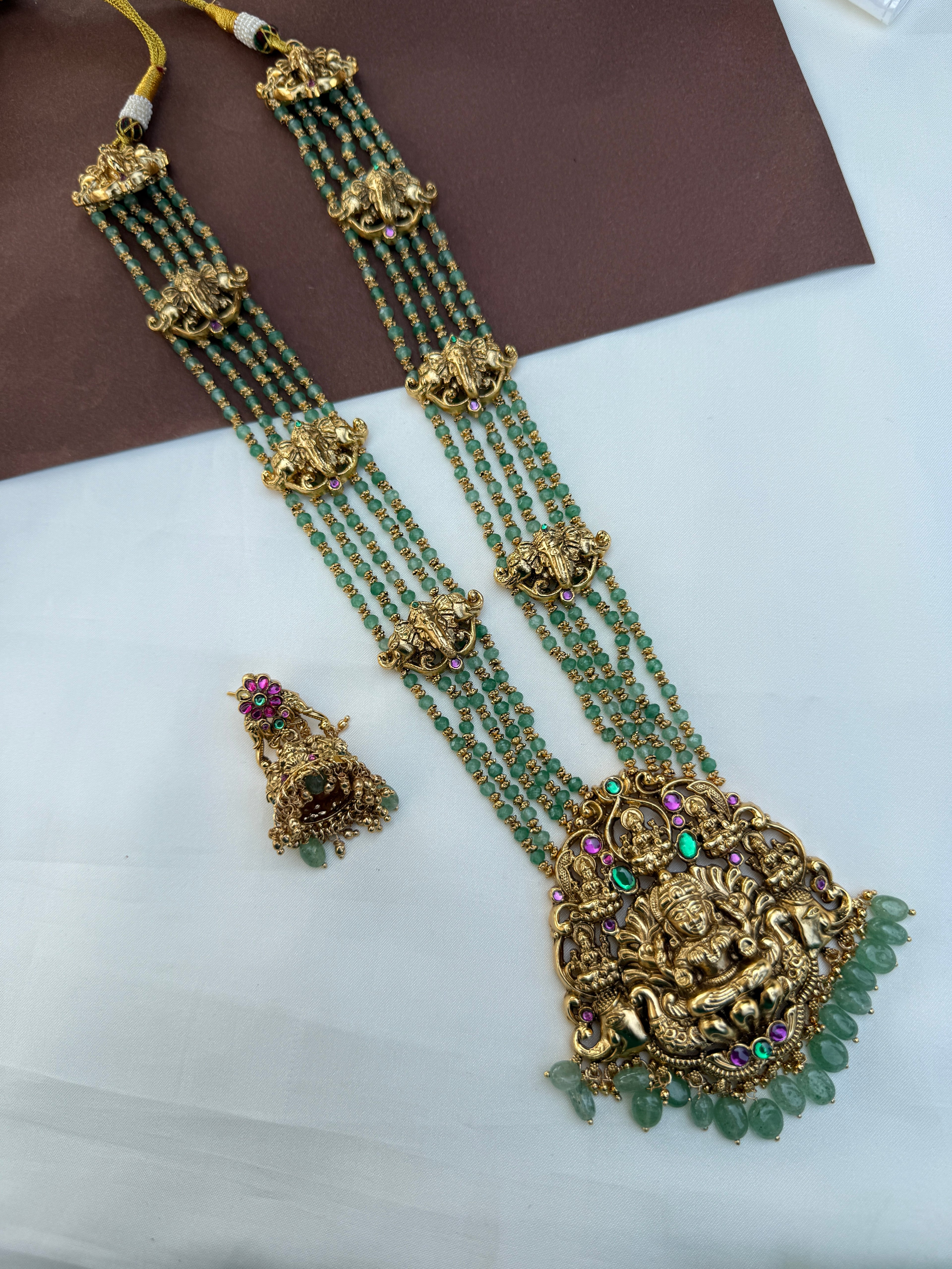 Ns724 jadau kundan lakshmidevi with green beads neckset