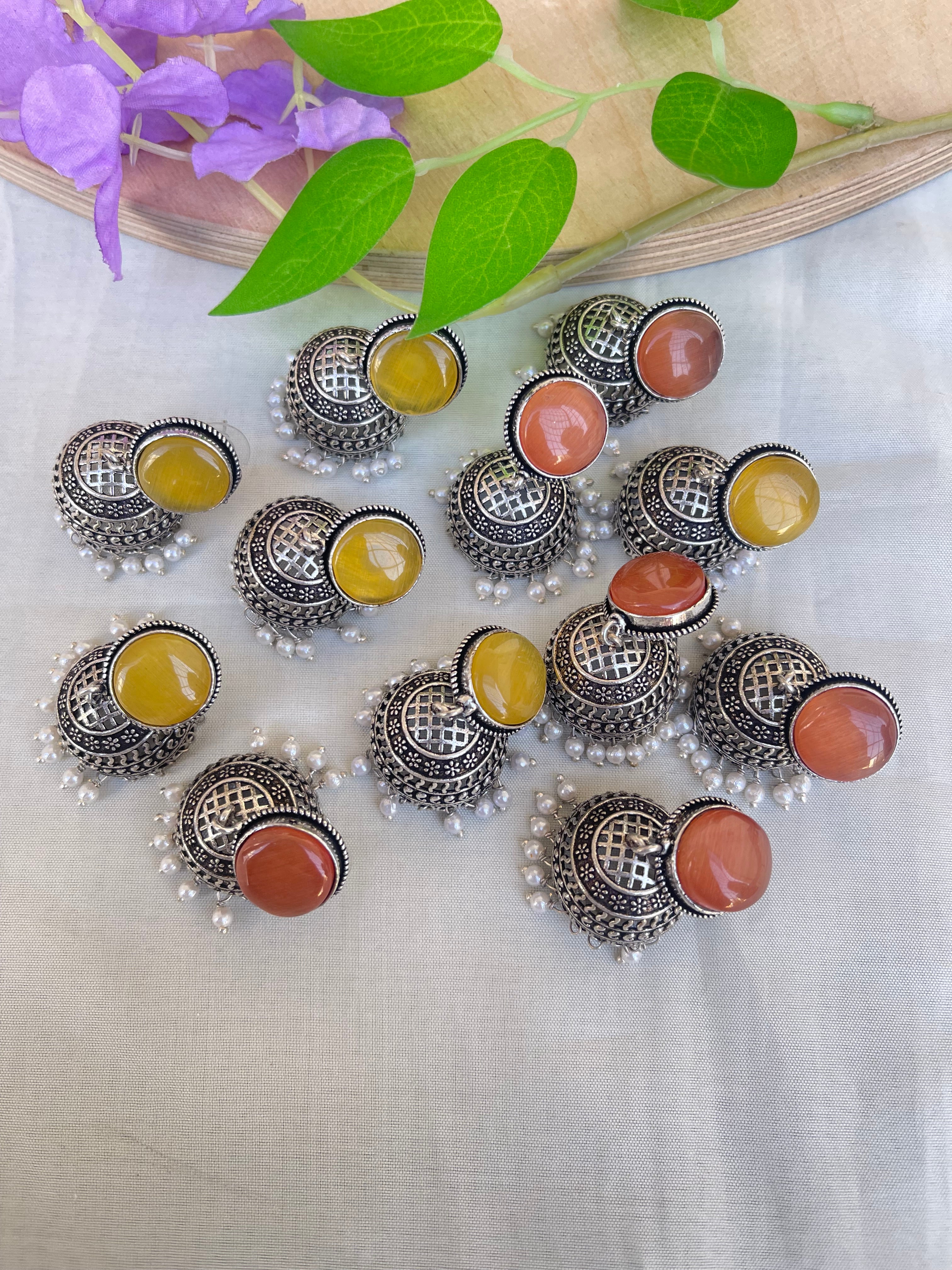 Lightweight oxidised butta earrings in orange and yellow