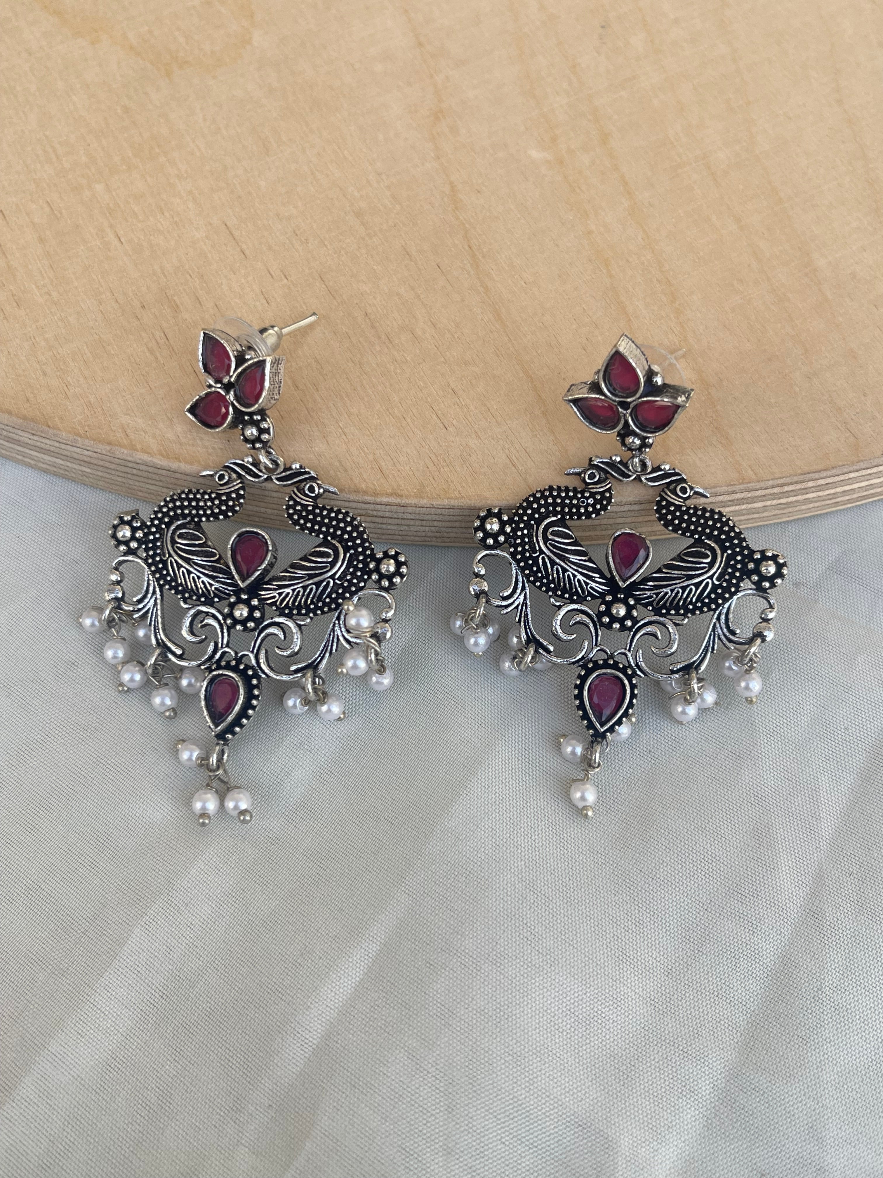 Lightweight chandbali oxidised earrings in ruby and green