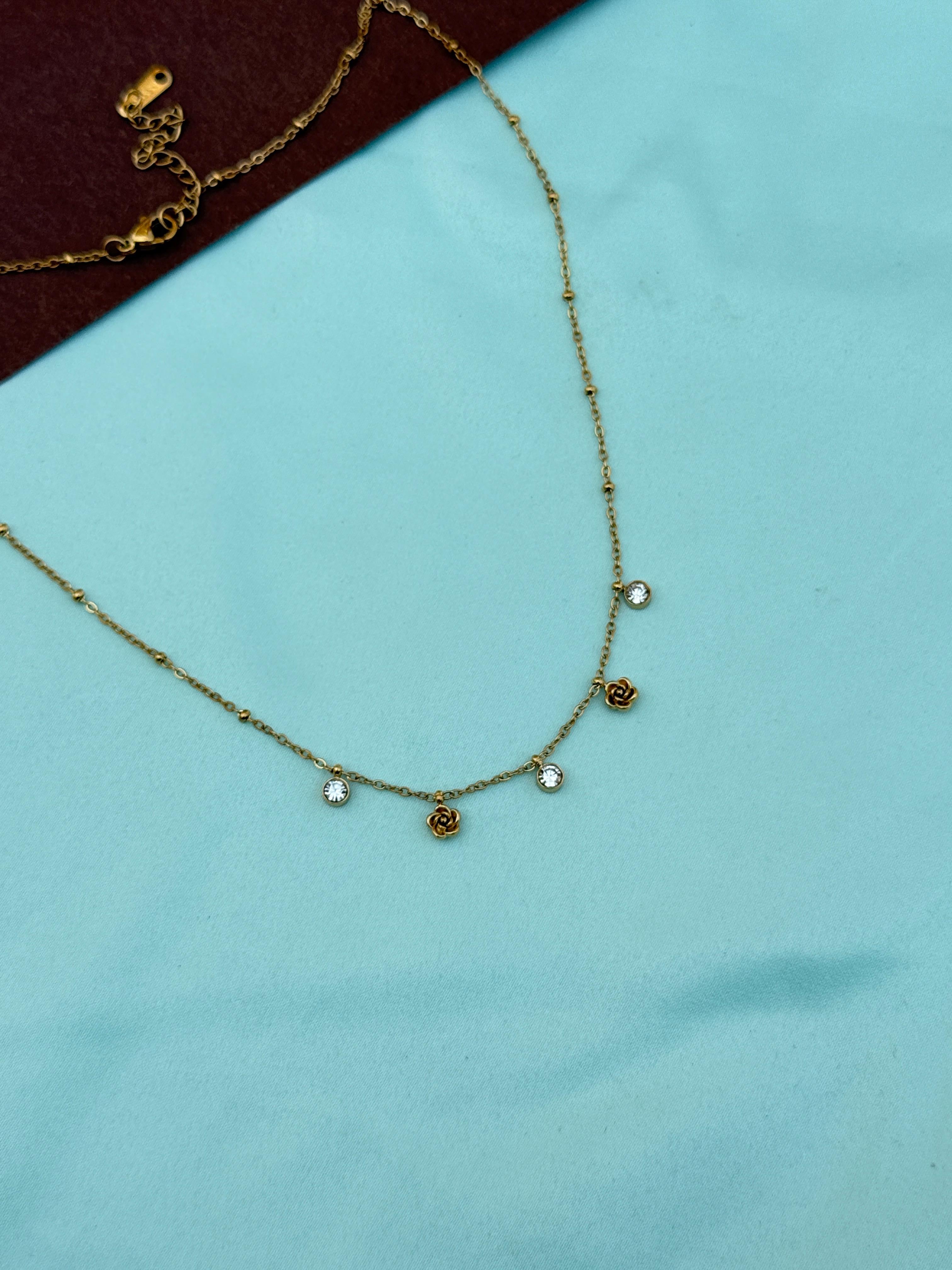Dc110 anti tarnish single line rose flower and stones 18inches adjustable daily wear chain