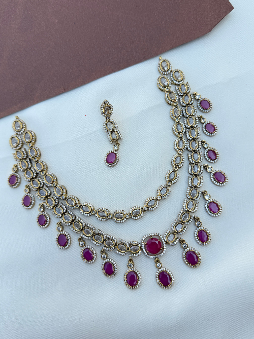 Ns396 2 layers uncuts pink stone neckset