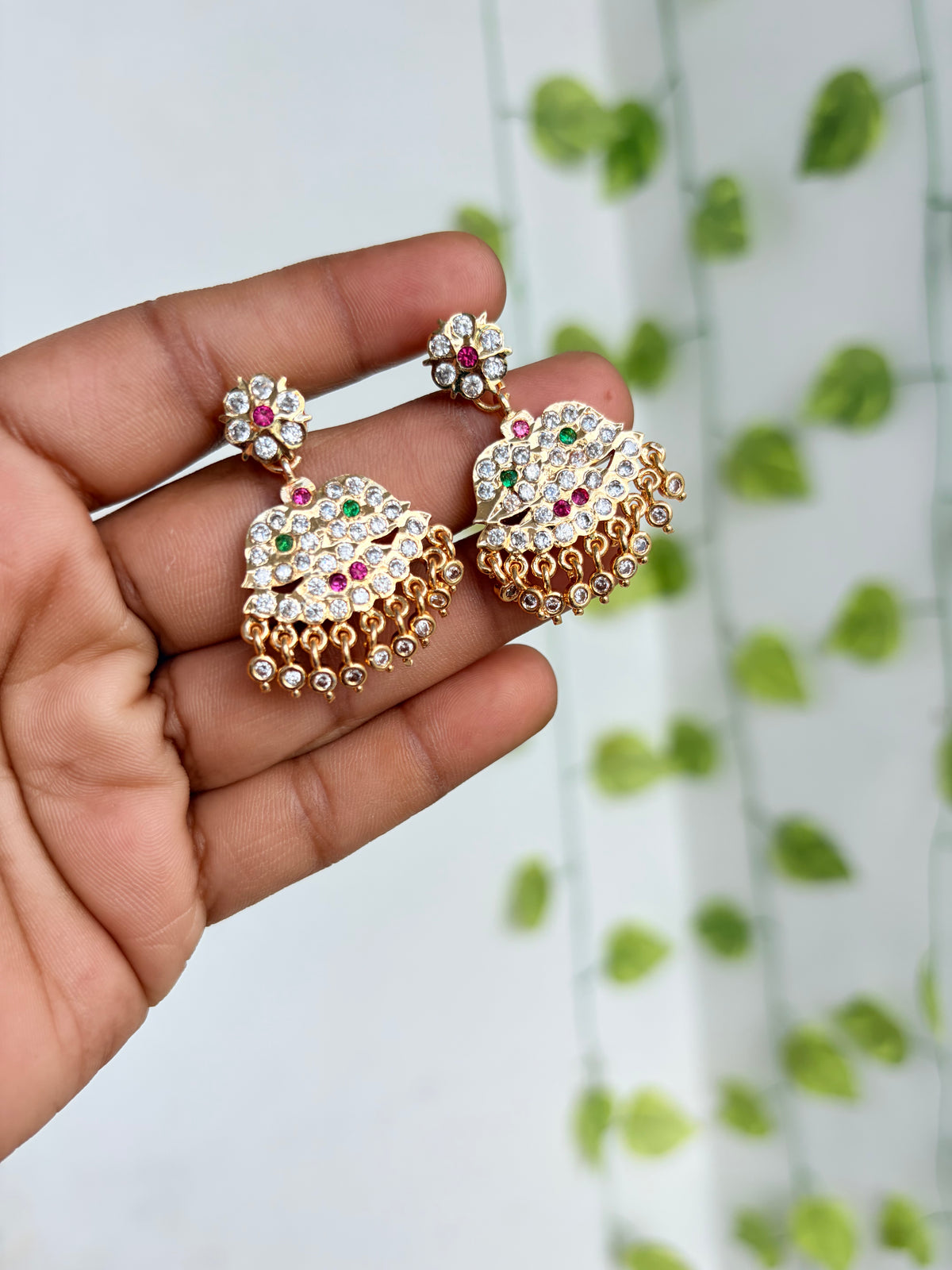 Panchaloham flower multi stones Chandbali back crew earrings ph636