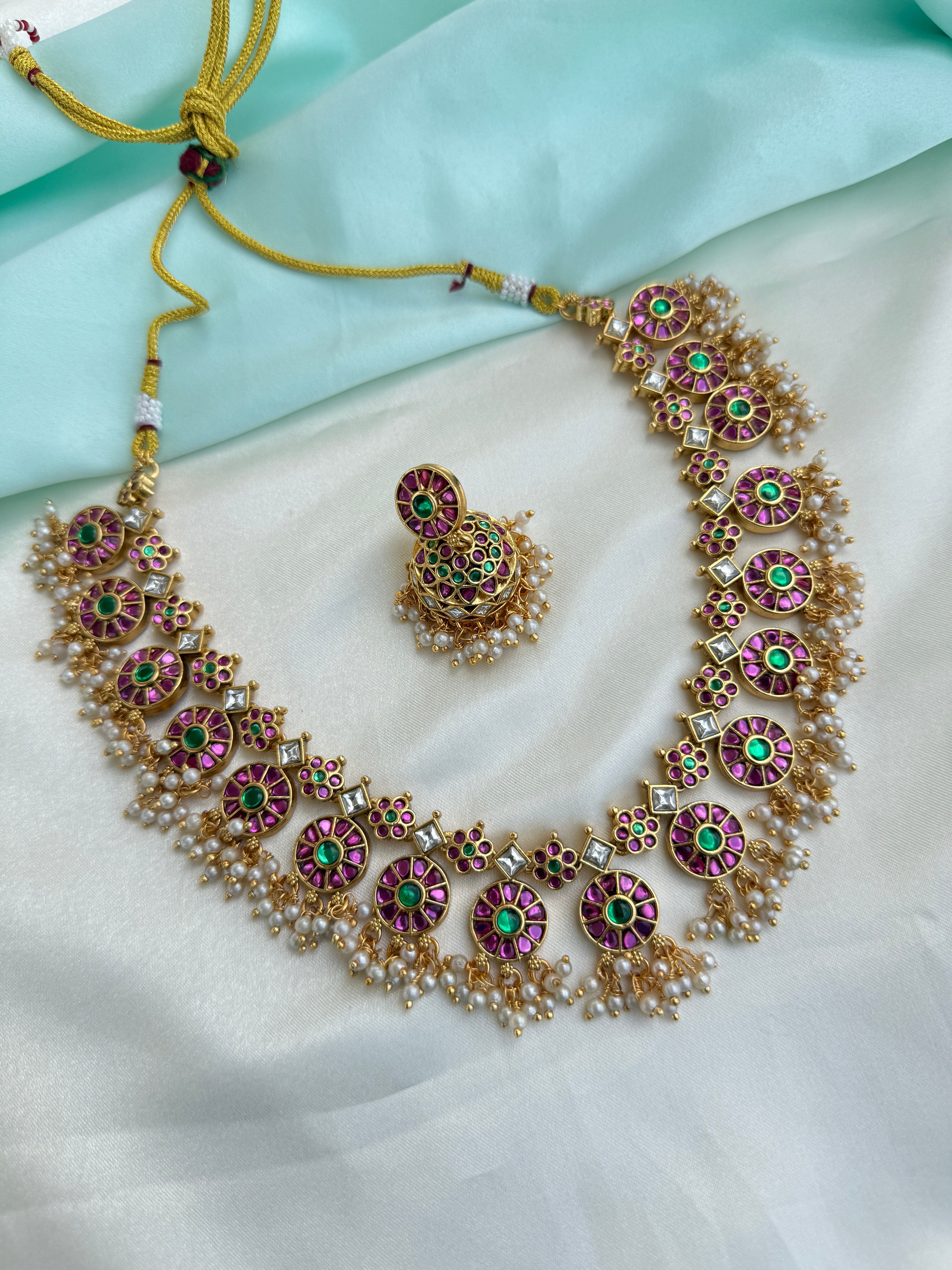 Ruby emerald floral heritage Neckset with butta earrings ns283