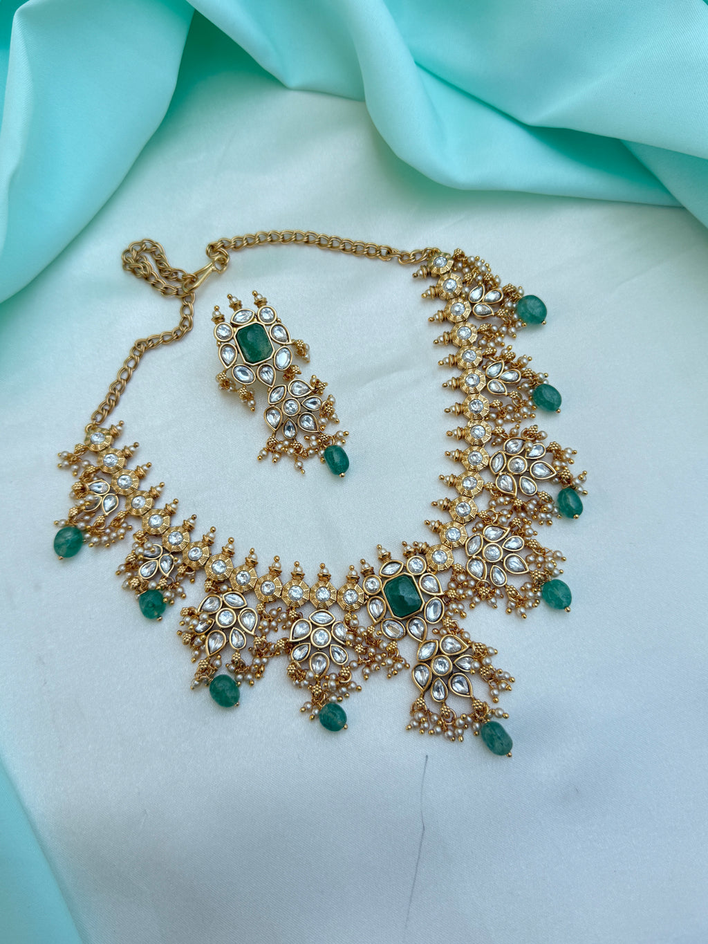 Ns774 polki kundan neckset with green beads