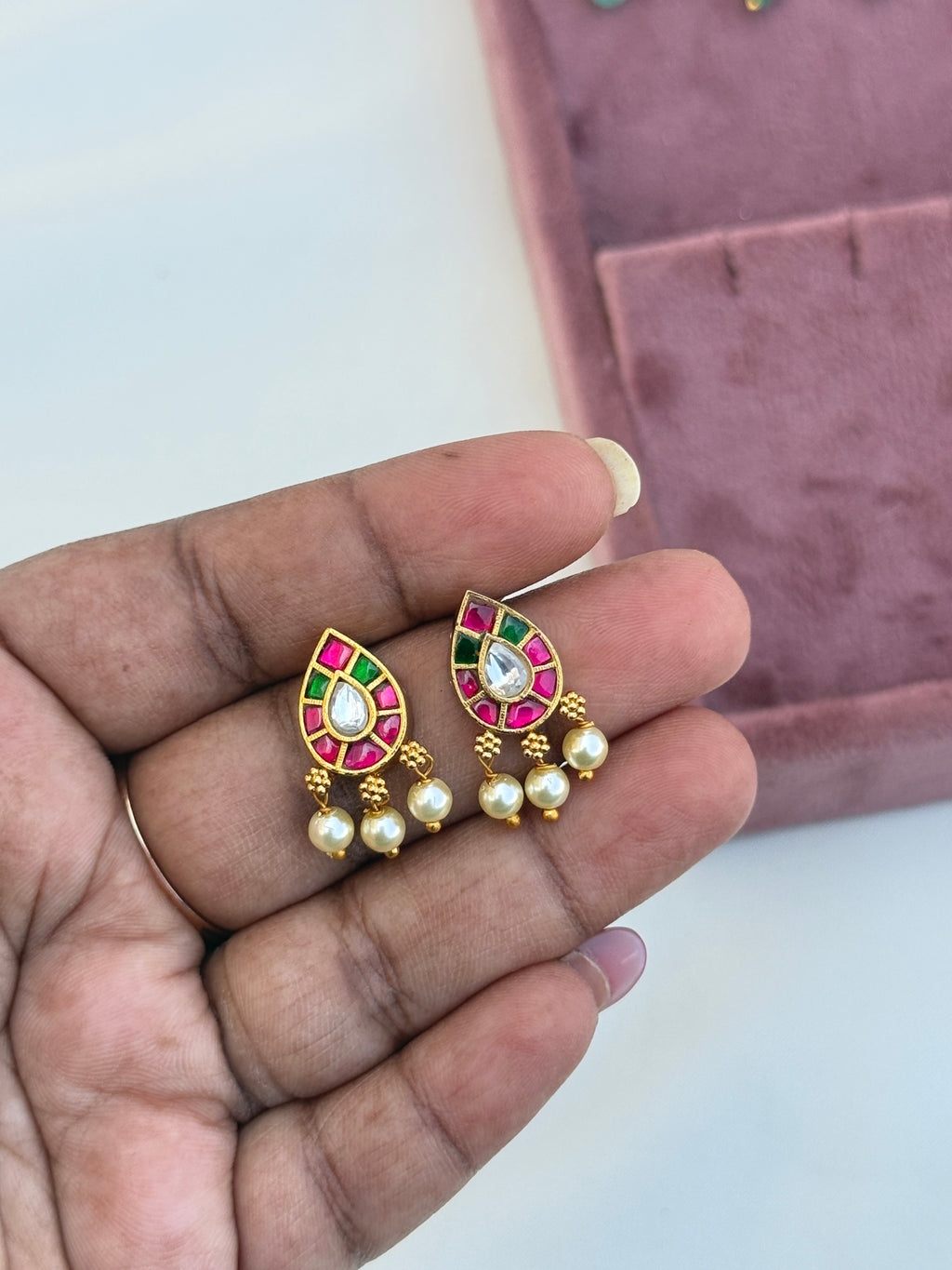 St030 jadaukundan pearl hanging stud earrings