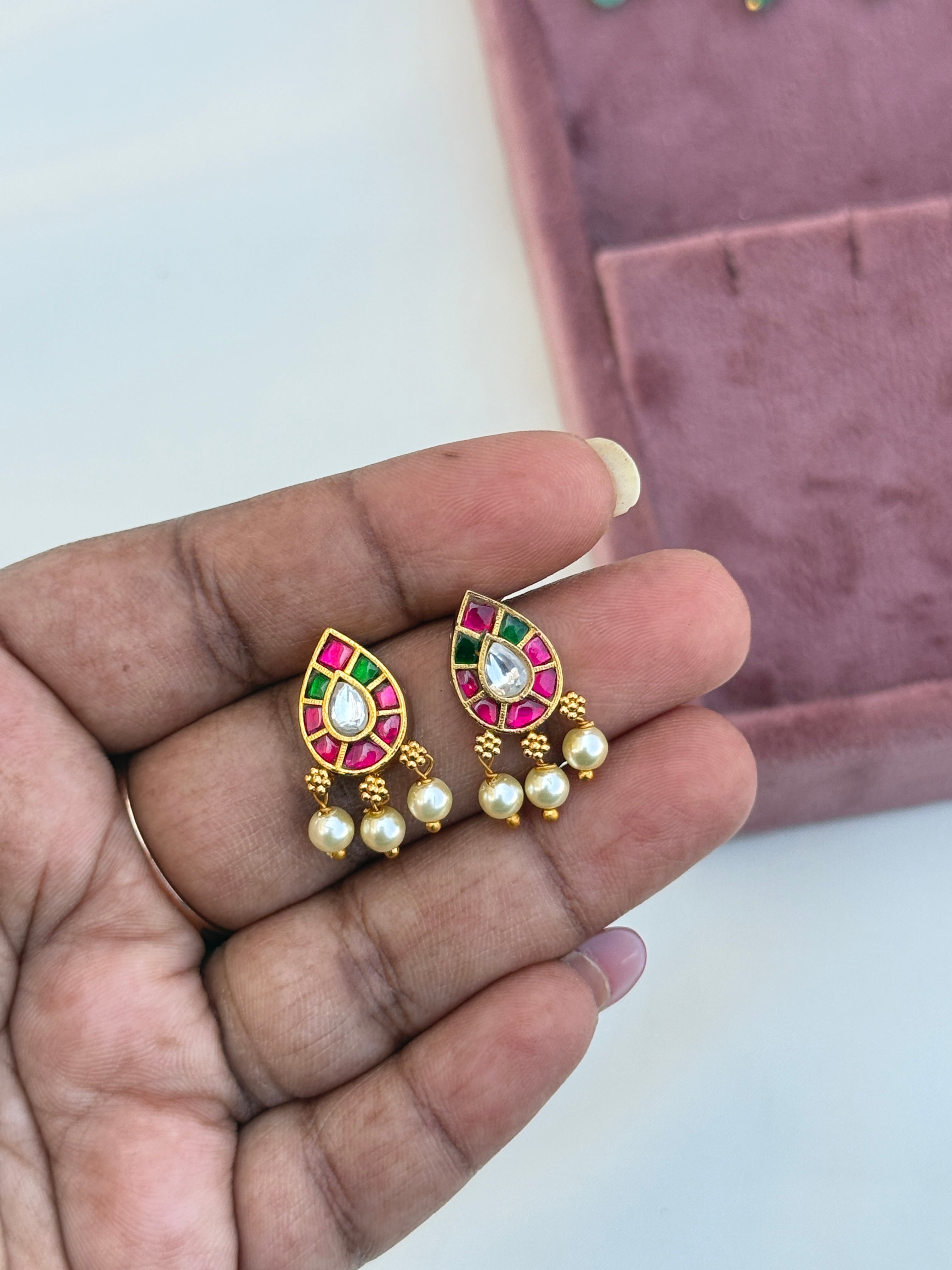 St030 jadaukundan pearl hanging stud earrings