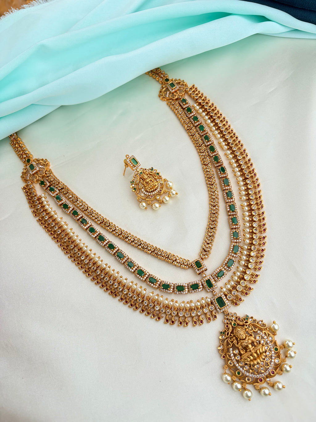 Premium Antique Finish Three-Layer Lakshmi Neckset with Earrings Ns929