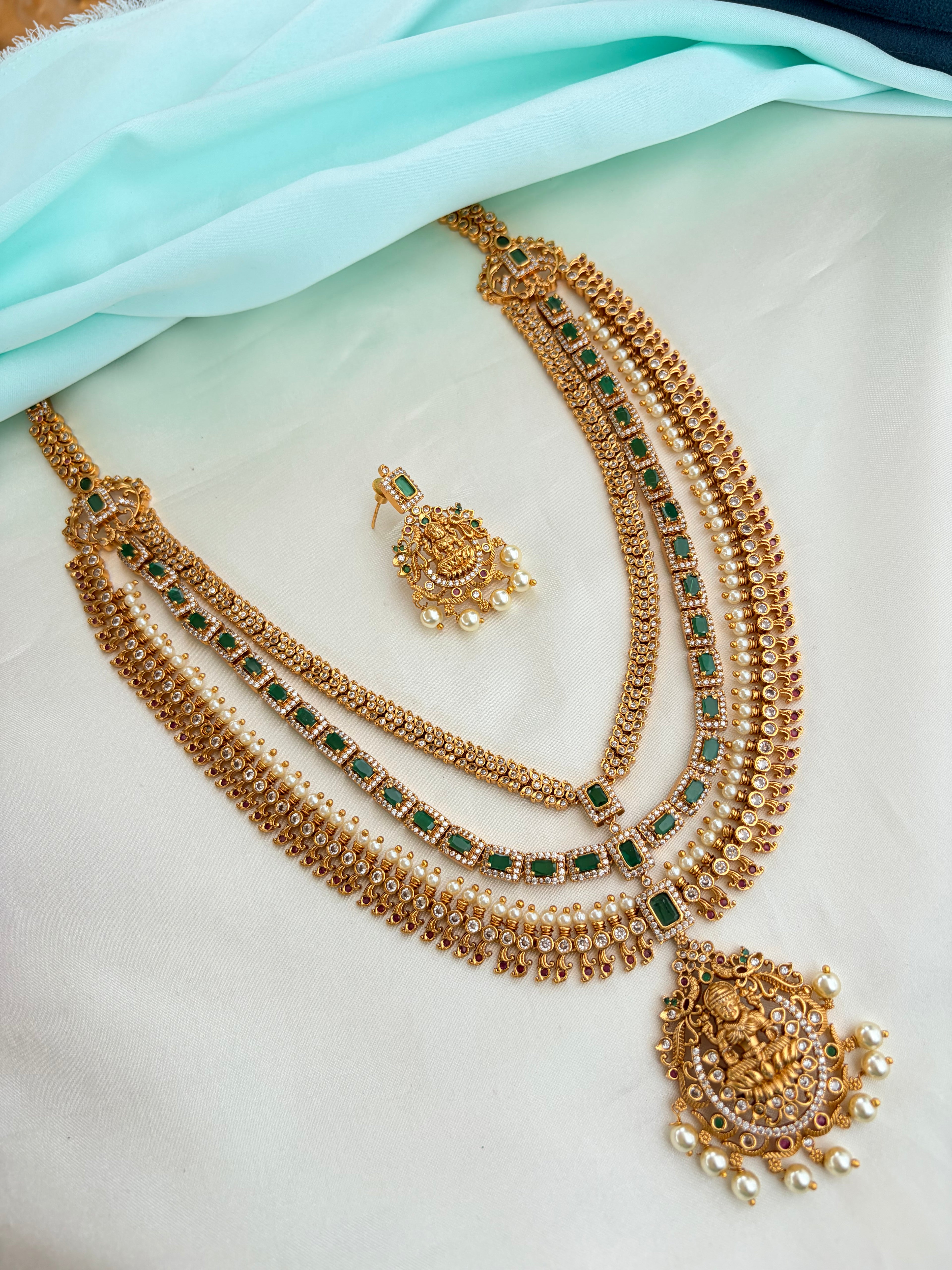 Premium Antique Finish Three-Layer Lakshmi Neckset with Earrings Ns929