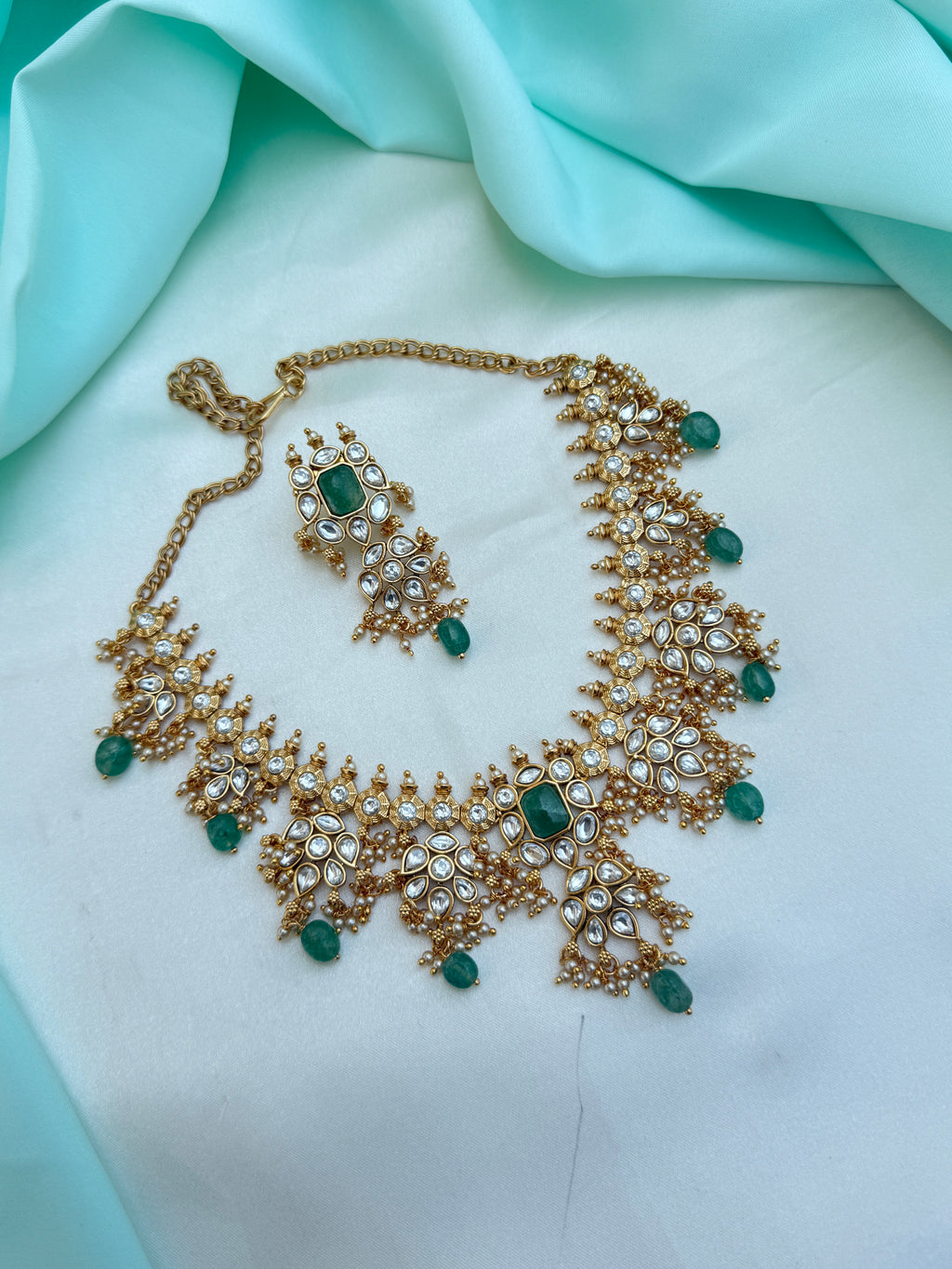 Ns774 polki kundan neckset with green beads