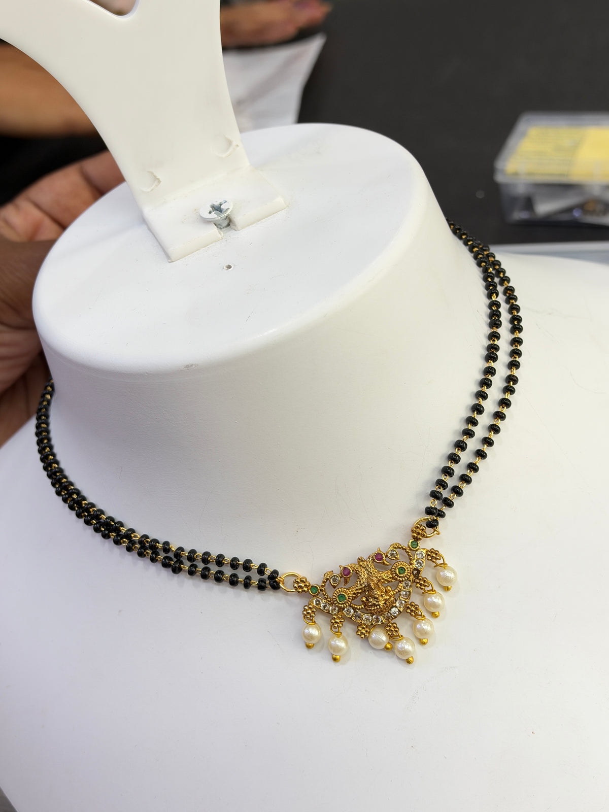 Bb447 Peacock Lakshmidevi multi stones 2 layers 18 inches black beads
