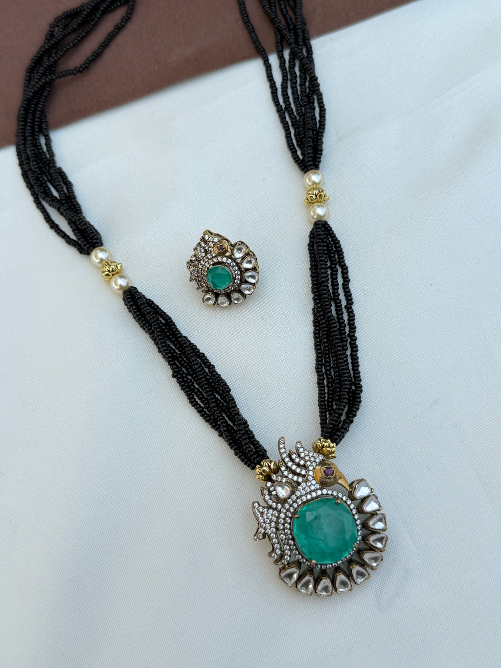 Bb083 6 lines blackbeads with moissanite pendent and ear studs 18 inches