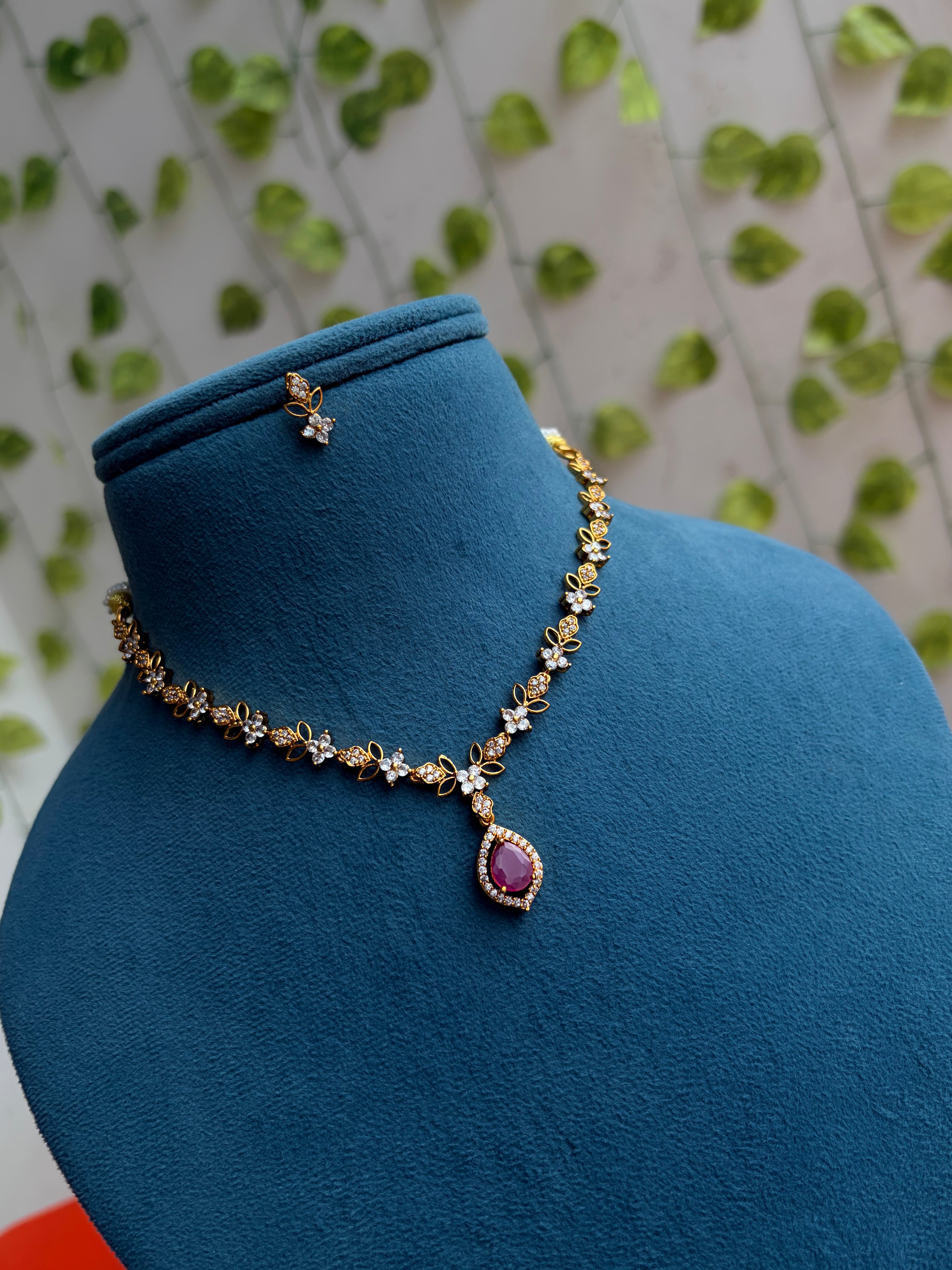 Ns846 small flowers single drops leaf stones short neckset with earrings