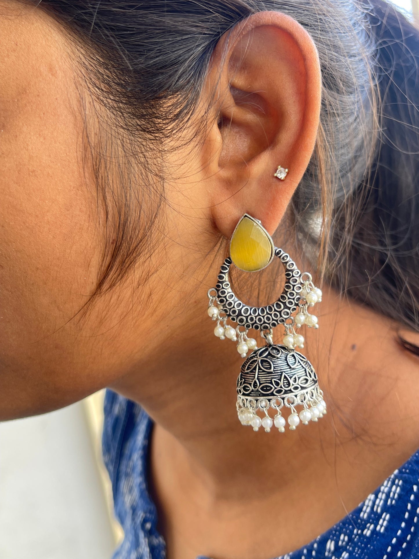 Chand butta pearl oxidised hanging lightweight earrings