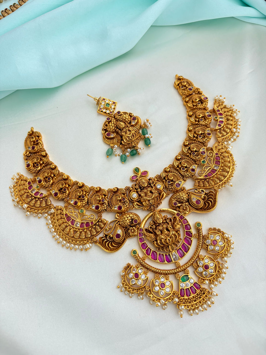 Nakshi Lakshmidevi Ruby Neckset of Pearl drops with Earrings Ns881