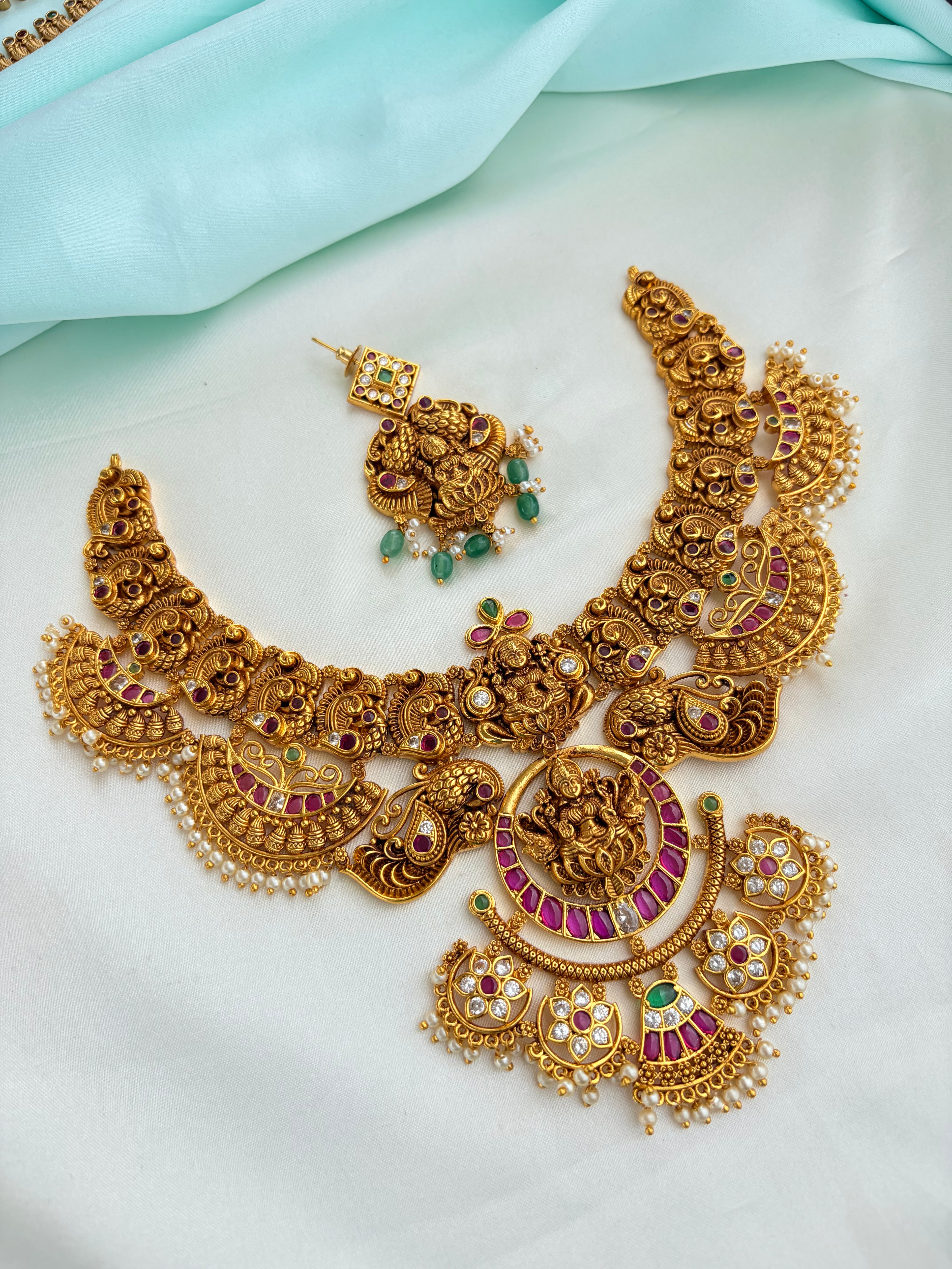 Nakshi Lakshmidevi Ruby Neckset of Pearl drops with Earrings Ns881