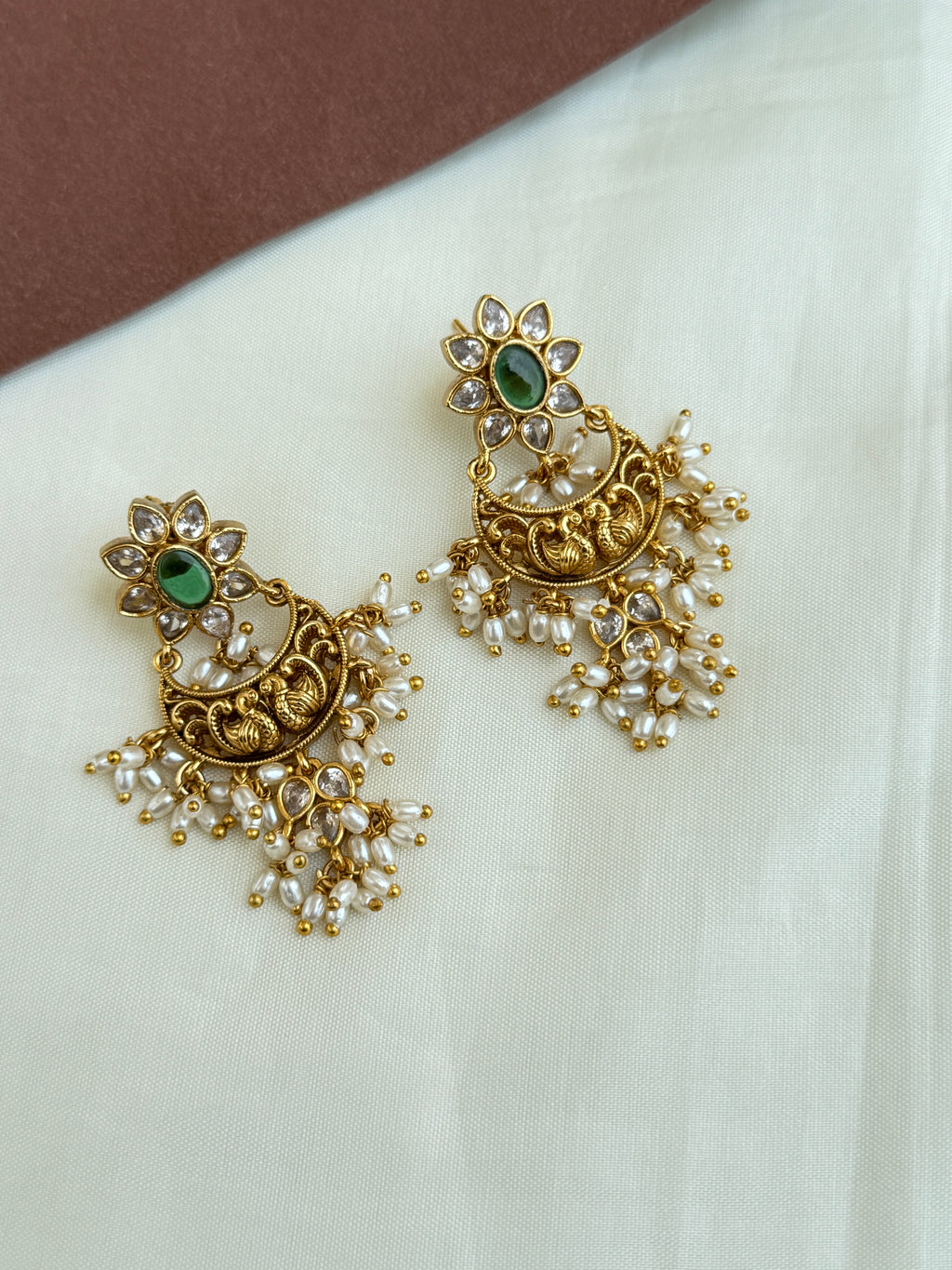 Er52 Dual peacock rice pearls chandbali