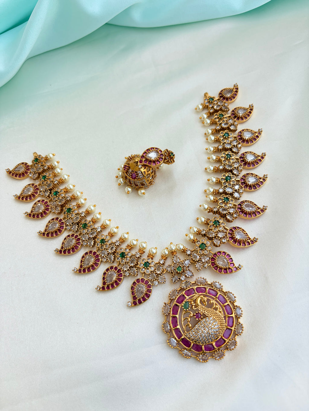 Royal Peacock Ruby & Emerald Kundan Neckset with Earrings Ns859