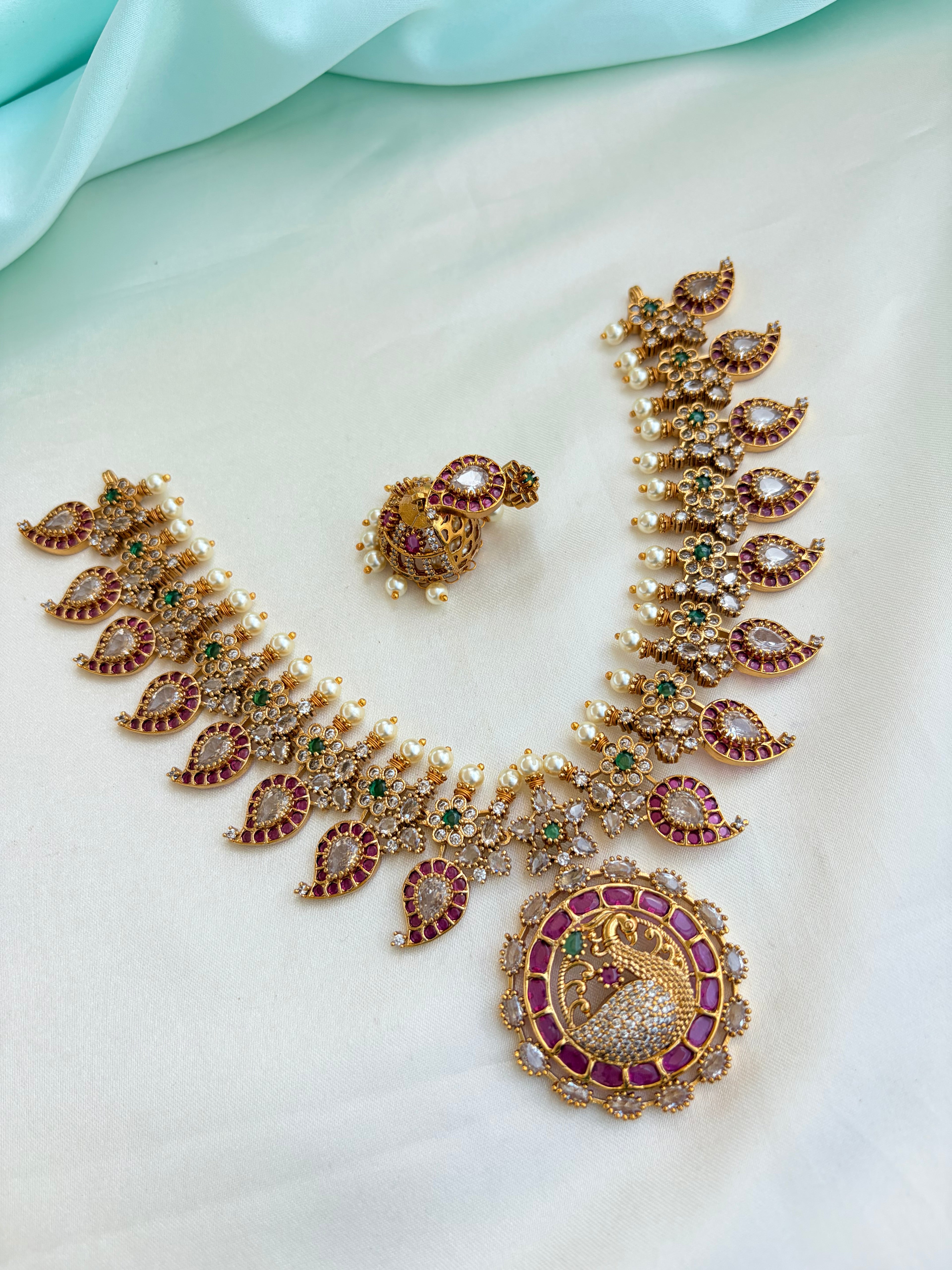 Royal Peacock Ruby & Emerald Kundan Neckset with Earrings Ns859