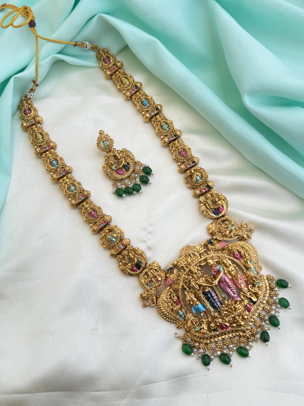 Lh595 meenakari  srinivasa kalyanam long haram with green beads