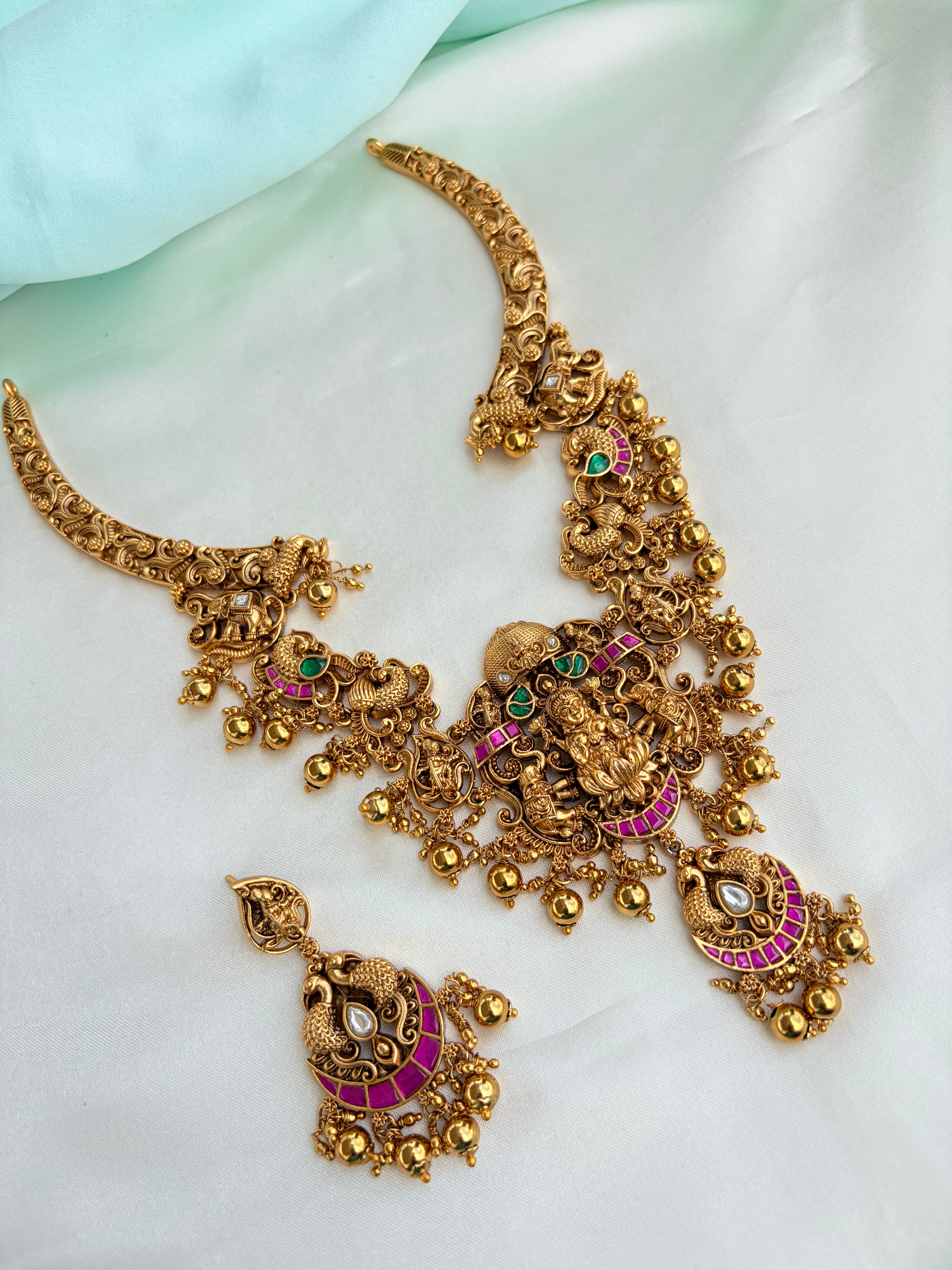 Antique Matte Gold Lakshmidevi Neckset & Earrings with Kemp Stones Ns211