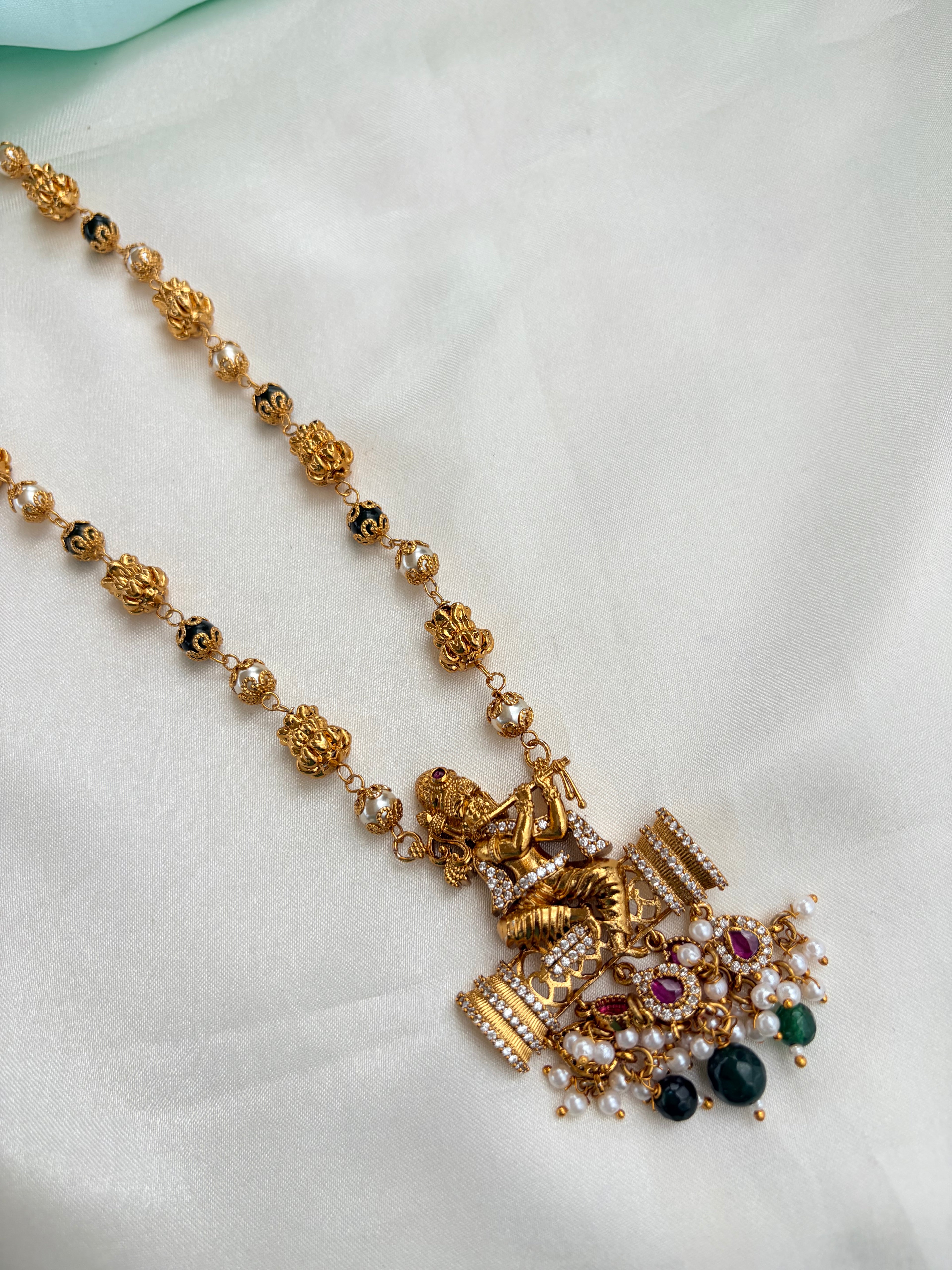 Premium Nakshi Krishna Pendant Neckset with Pearl and Stone Drops Bb223