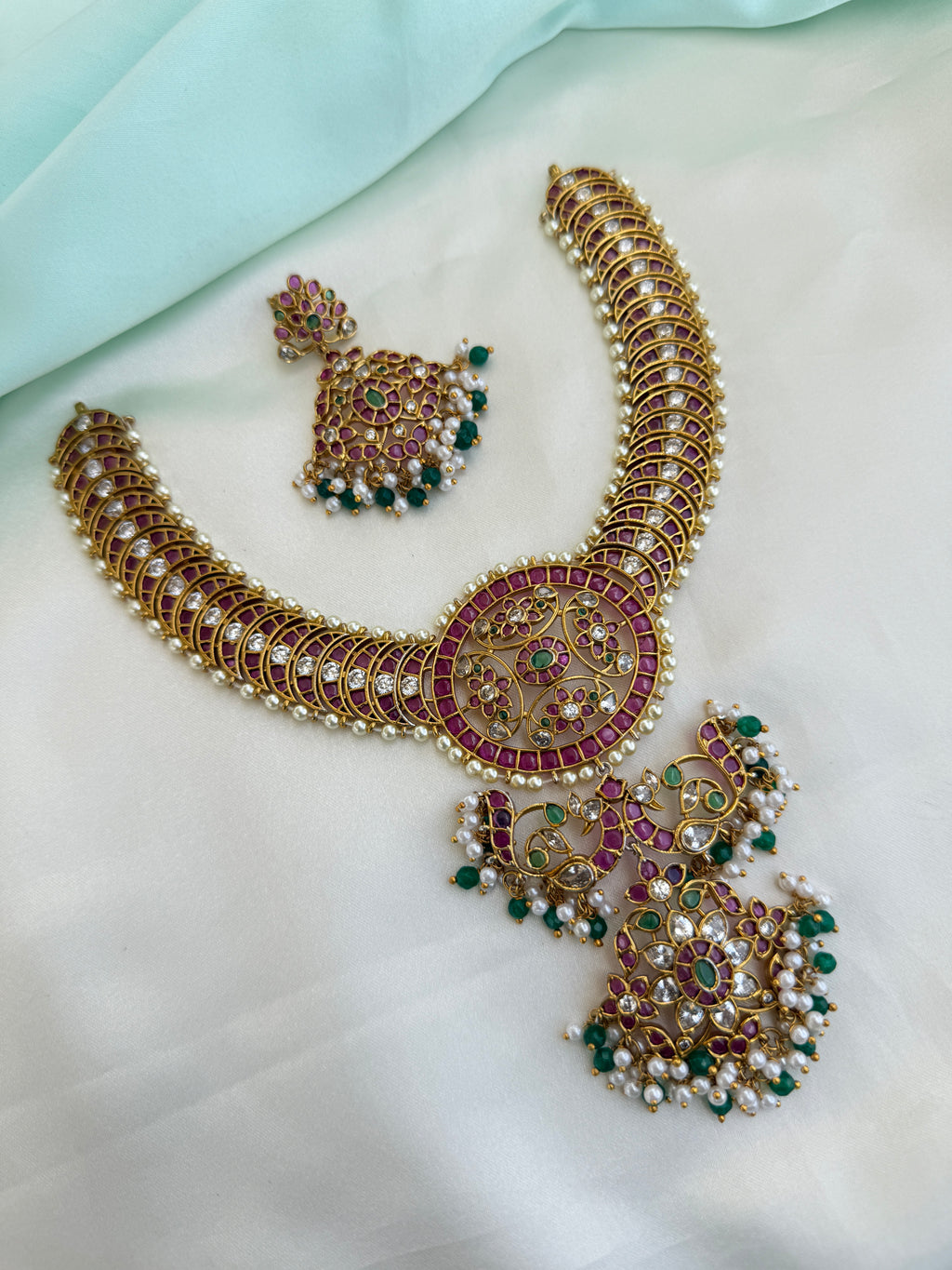 Ruby Green Jadau Kundan NeckSet with Pearl Drops with Earrings ns997