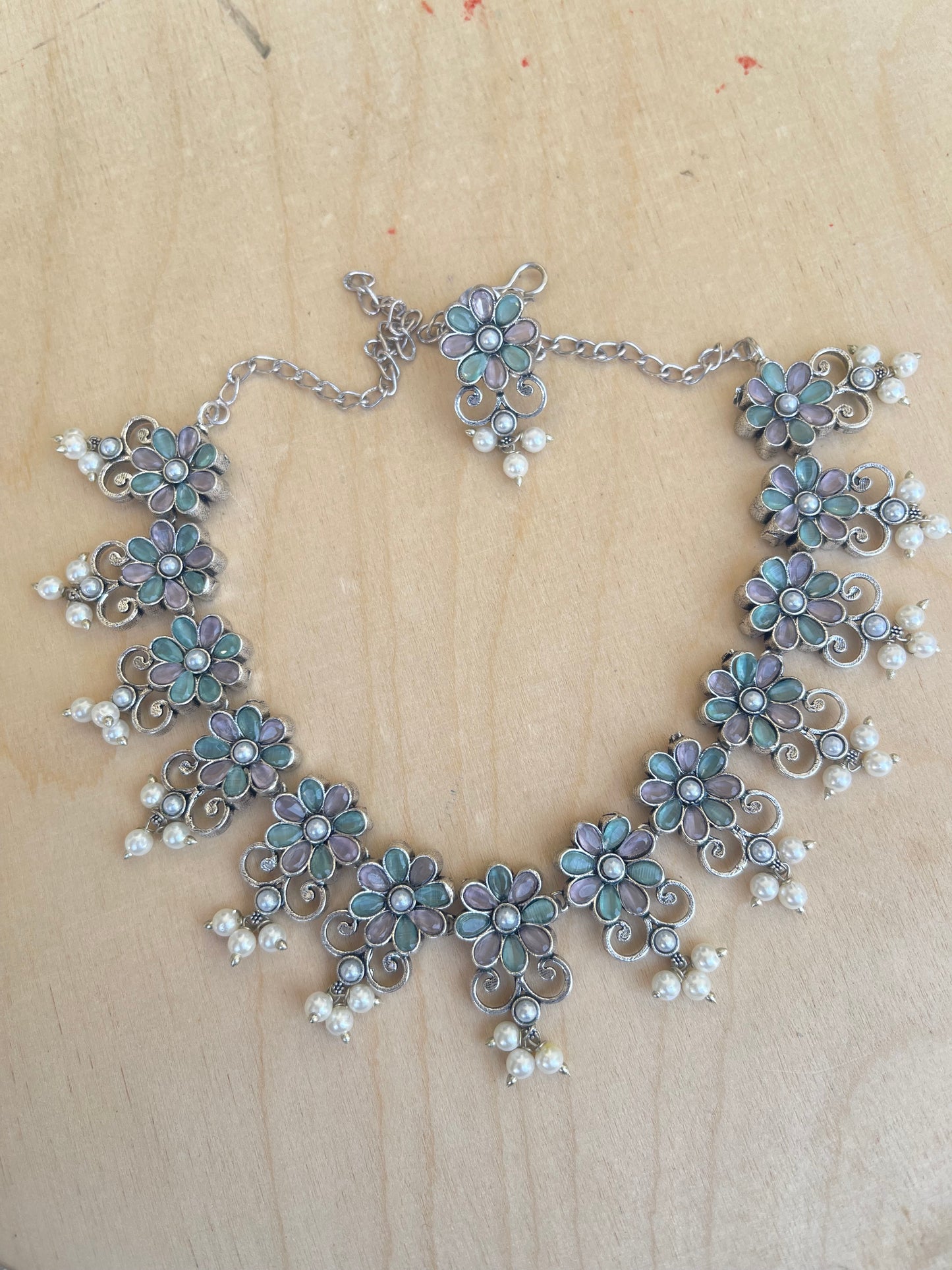 Oxidised multi pastel pearl neckset with earrings