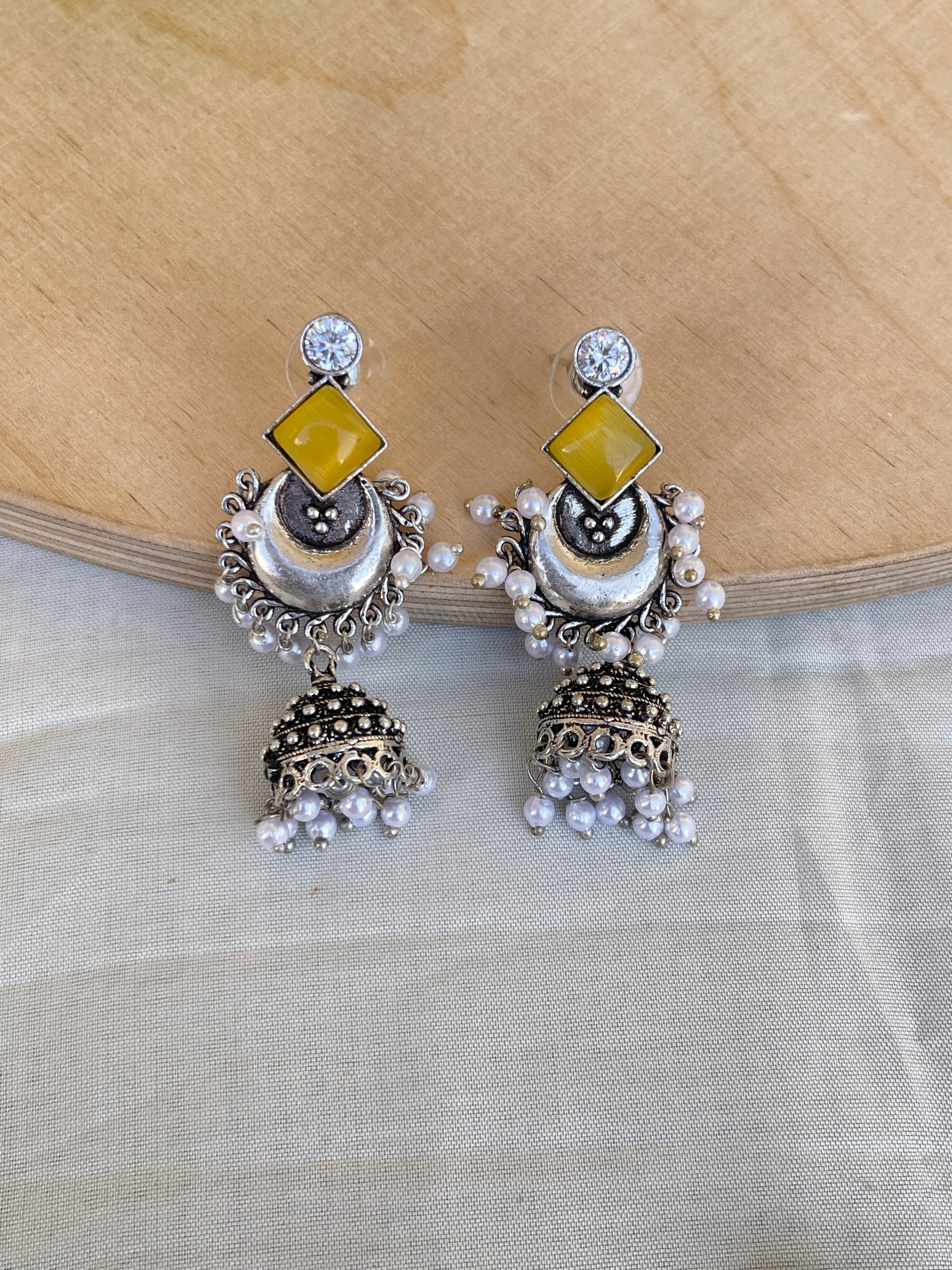 Lightweight chandbutta oxidised pearl hanging earrings