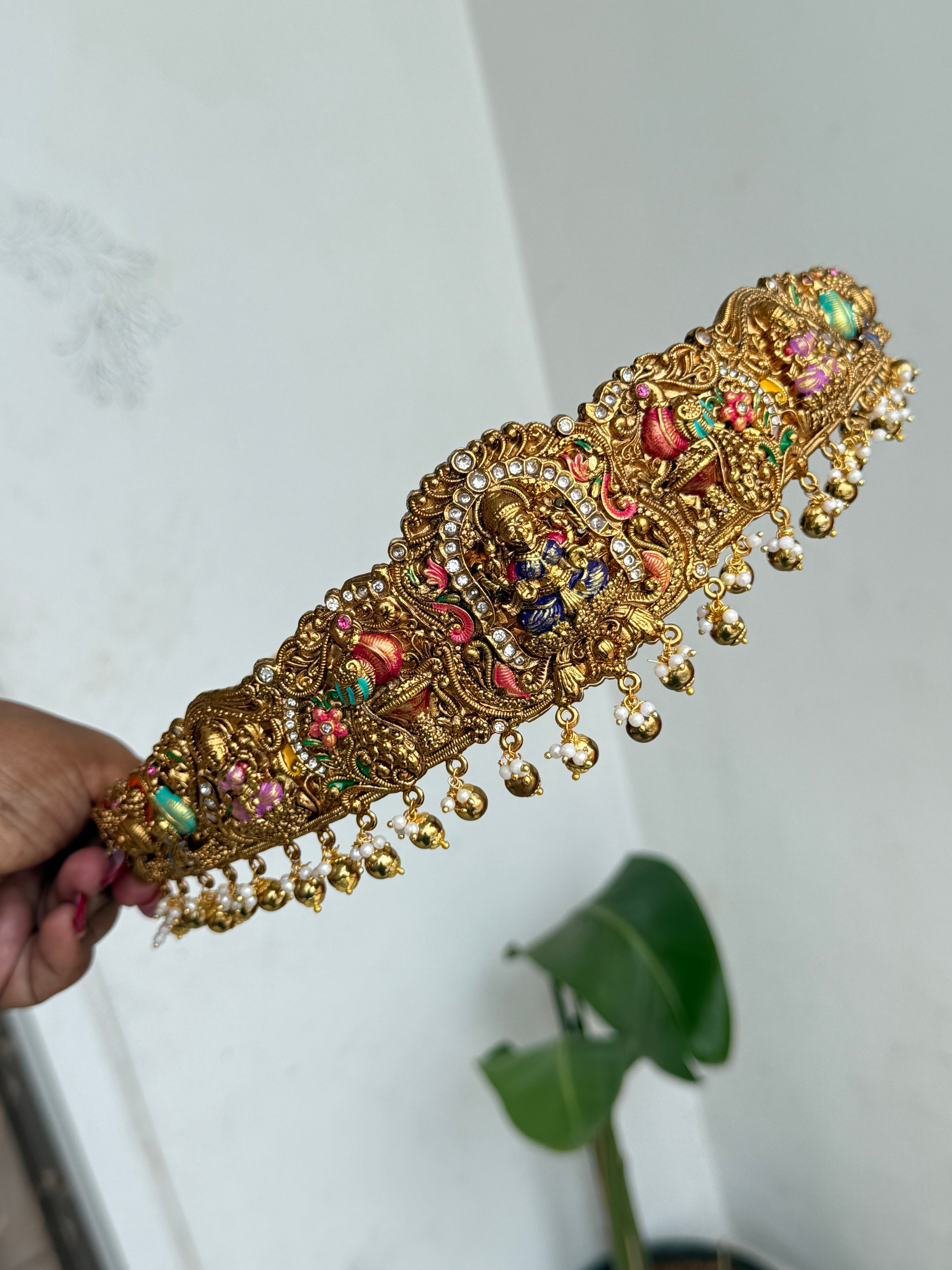 Hb665 adults texture meenakari lakshmi devi hipbelt with gold balls