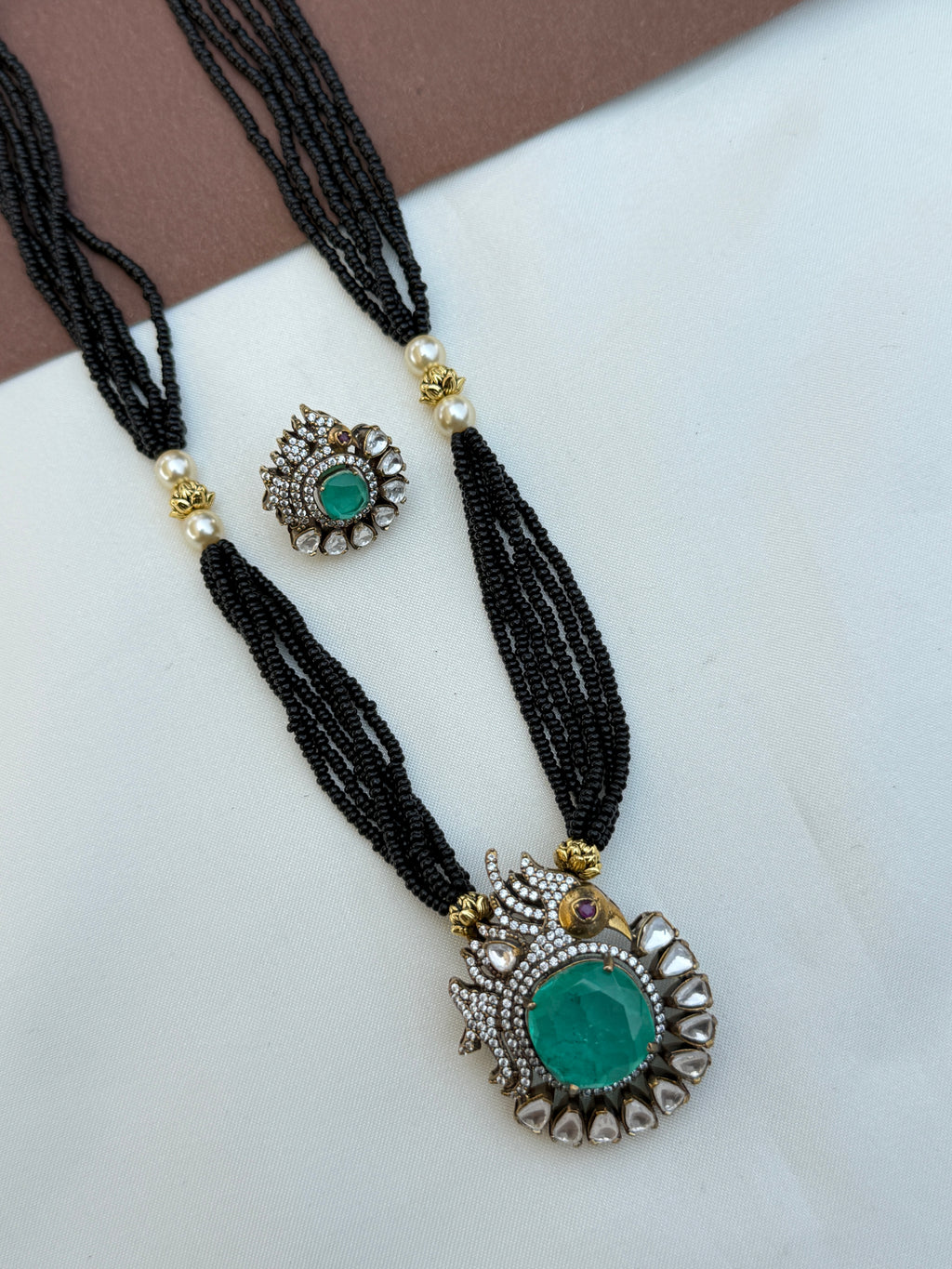 Bb083 6 lines blackbeads with moissanite pendent and ear studs 18 inches