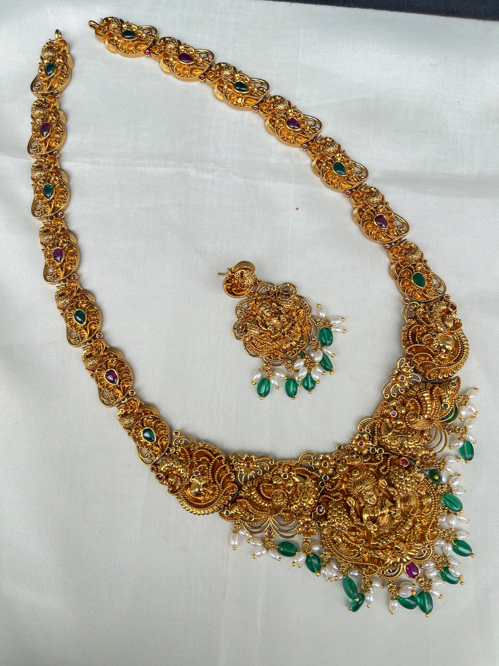 Lakshmi Devi long haram with green beads lh2000