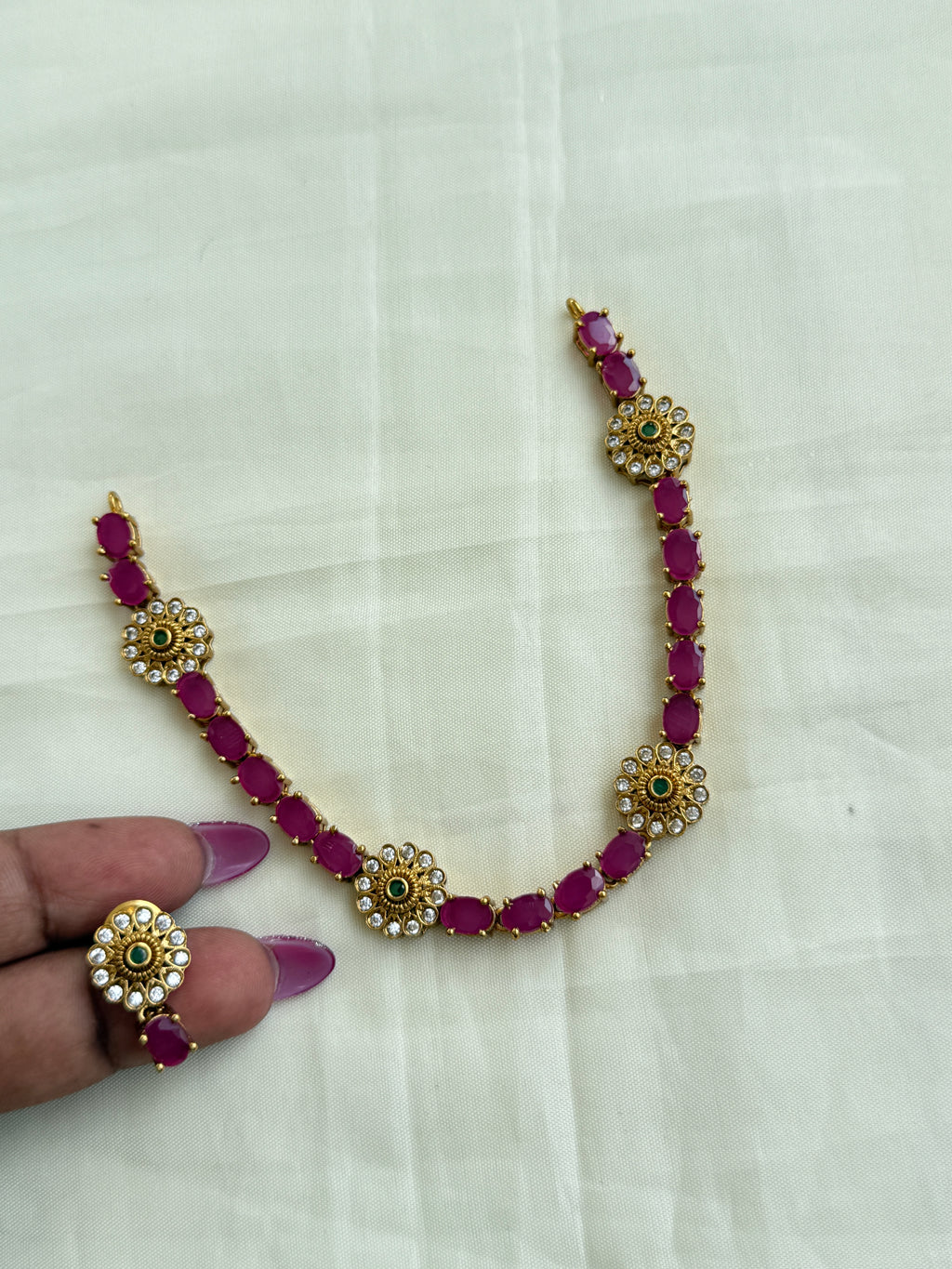 Ns273 pink stone flower necklace with earrings