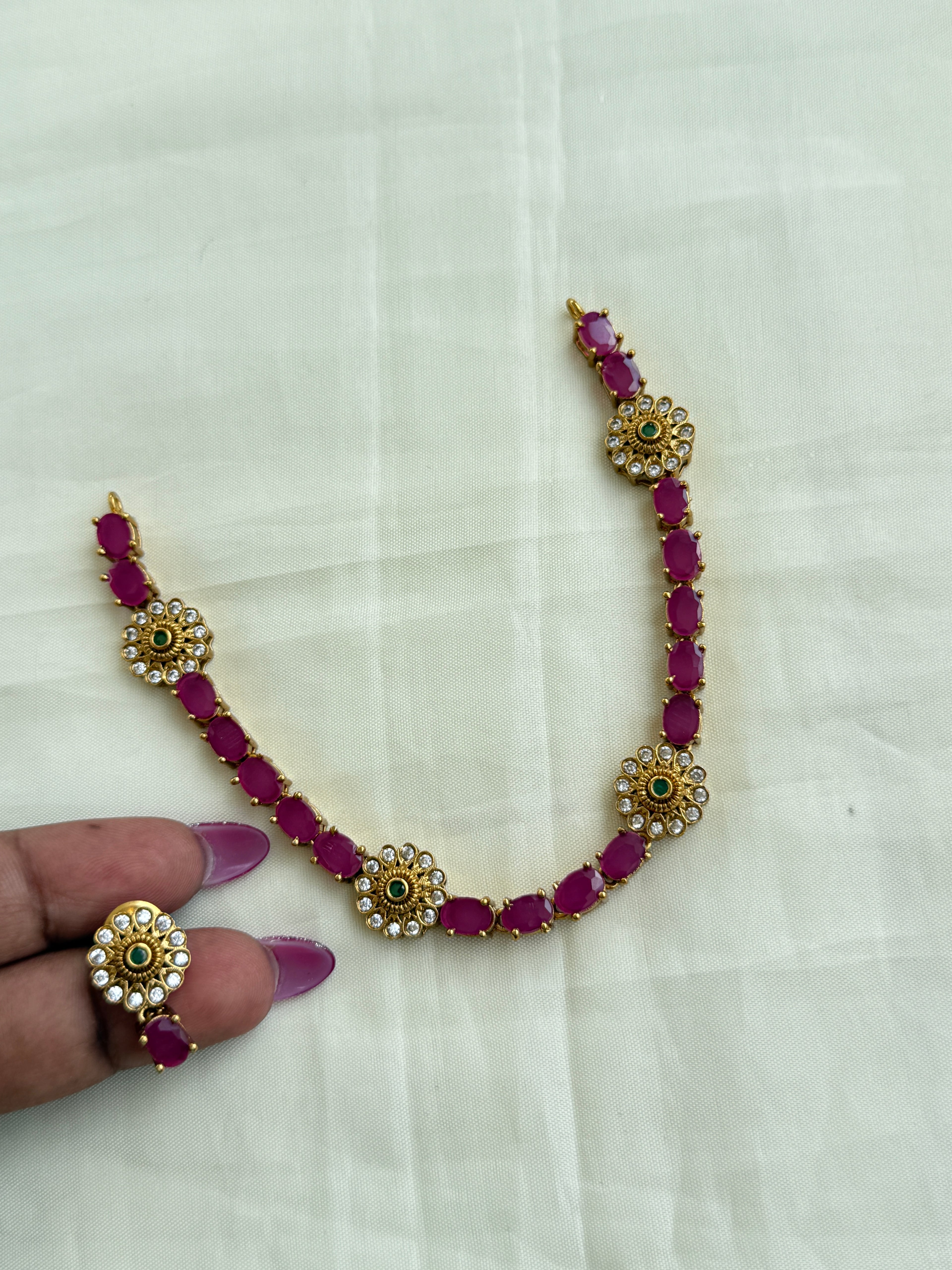 Ns273 pink stone flower necklace with earrings