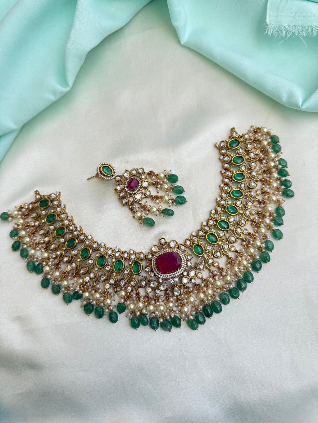 Emerald Green Kundan Choker Neckset with Ruby Pendant Pearl Drops with earrings  ns262