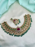 Emerald Green Kundan Choker Neckset with Ruby Pendant Pearl Drops with earrings  ns262