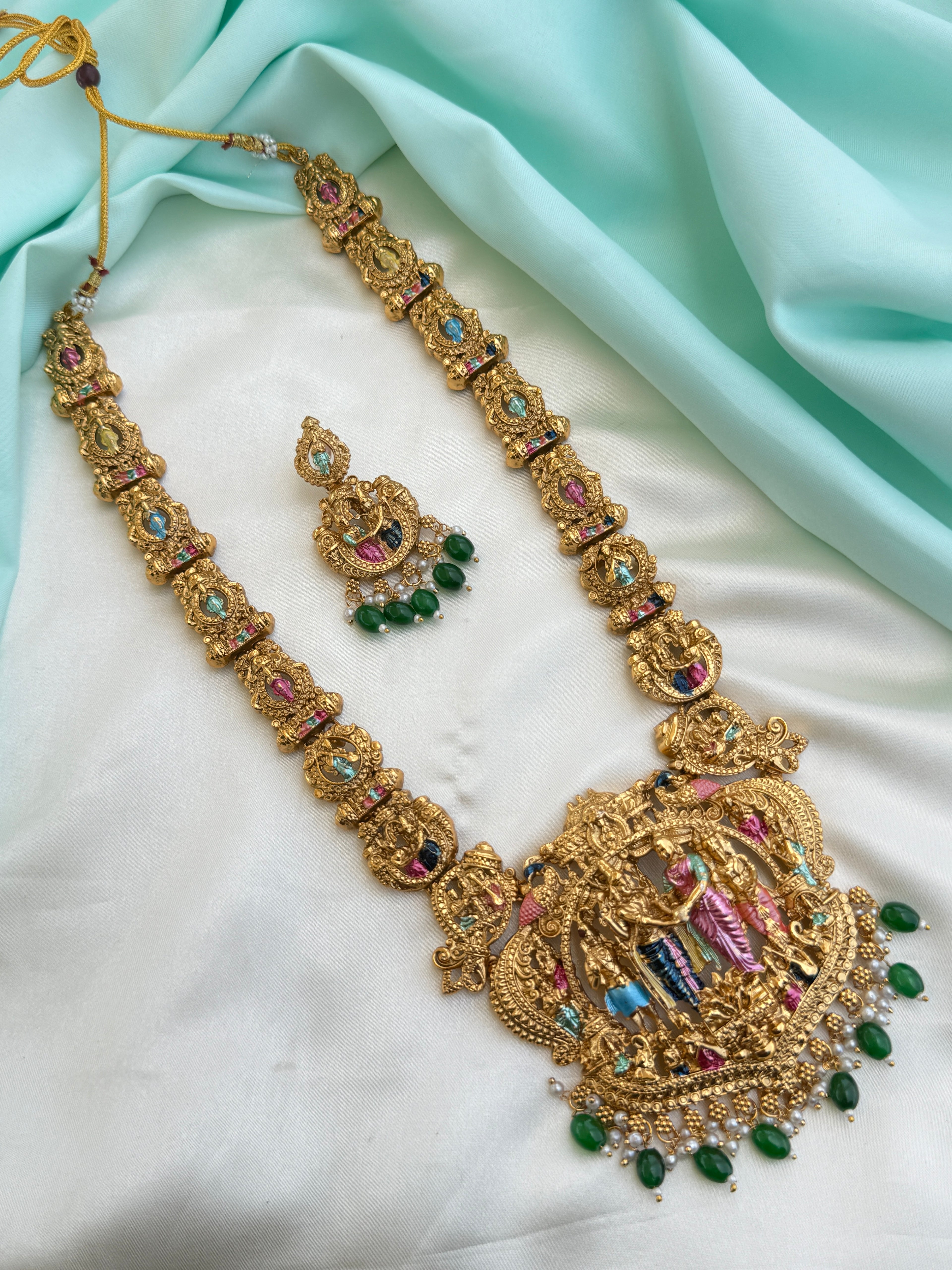 Lh595 meenakari  srinivasa kalyanam long haram with green beads