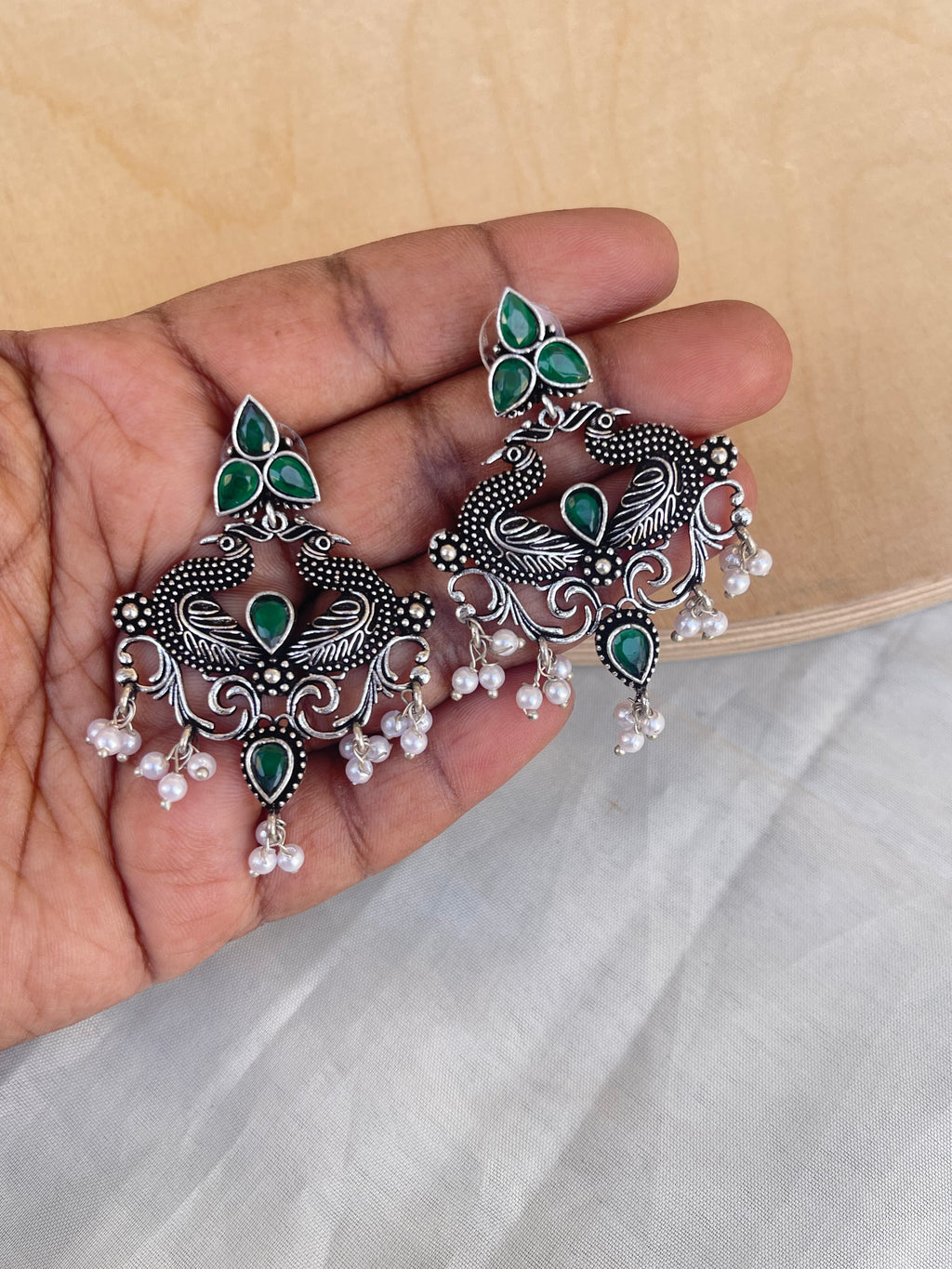 Lightweight chandbali oxidised earrings in ruby and green