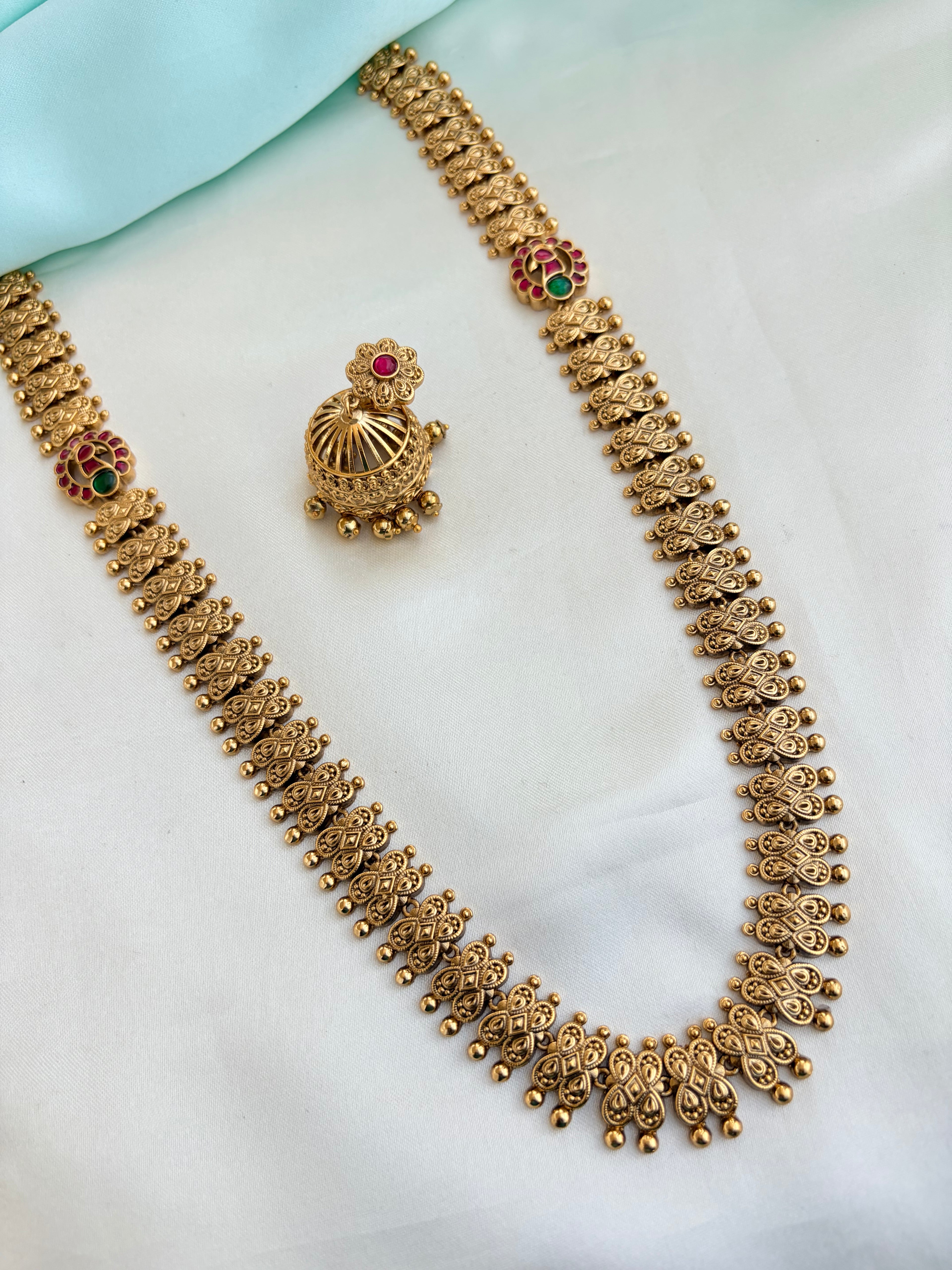 Peacock type Ruby long haram with Earrings Ns954