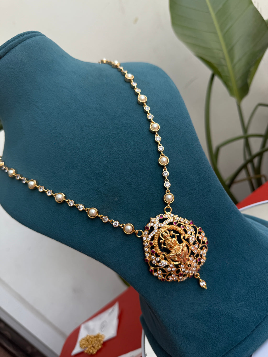 Ph131 panchaloham long pearl chain with Lakshmi Devi pendant