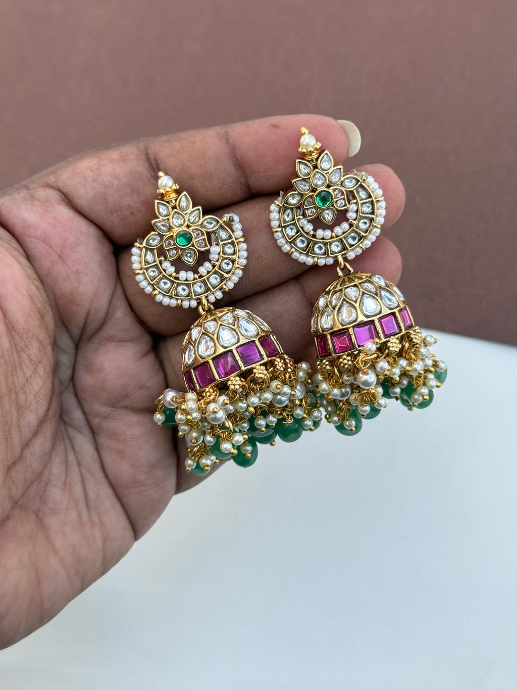 Er205 jadau kundan big butta earrings with green beads